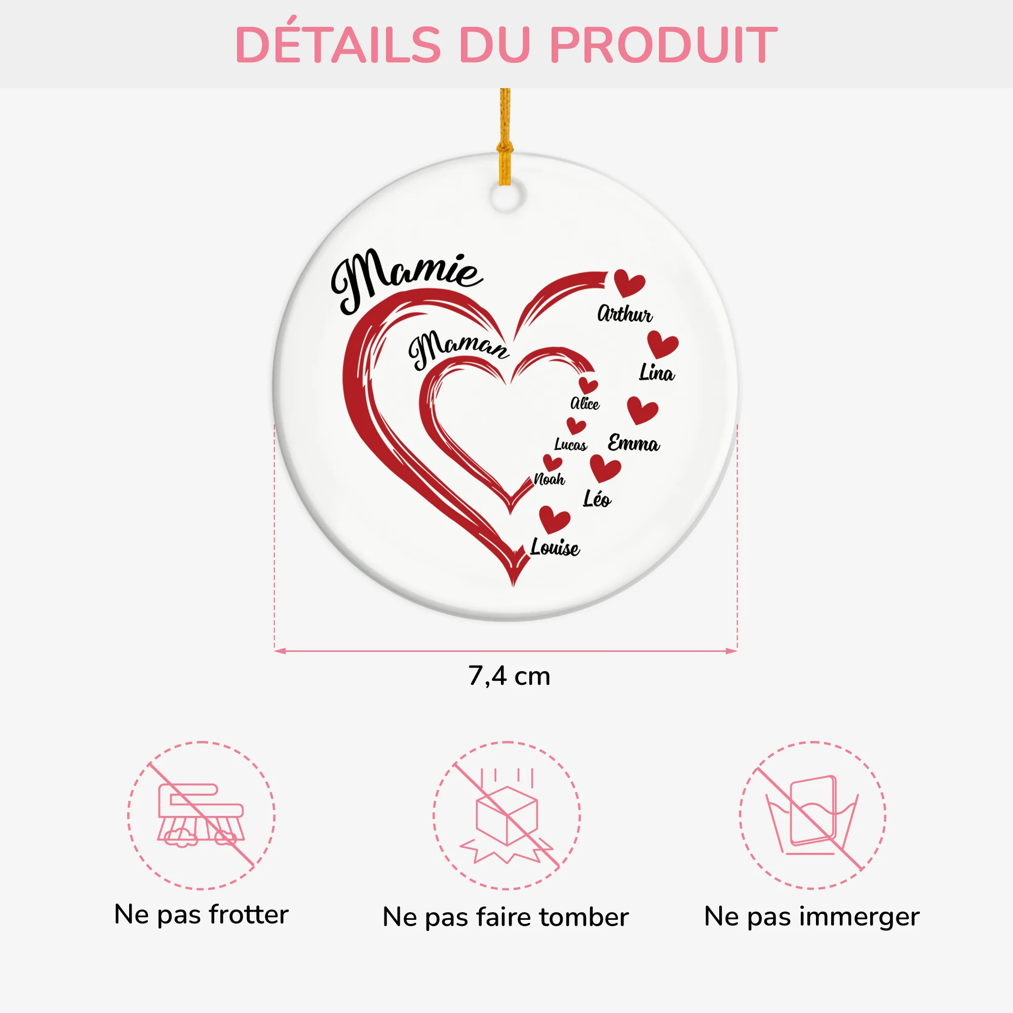 Ornement Céramique Personnalisé Maman Mamie - Cœurs Rouges - Image 3