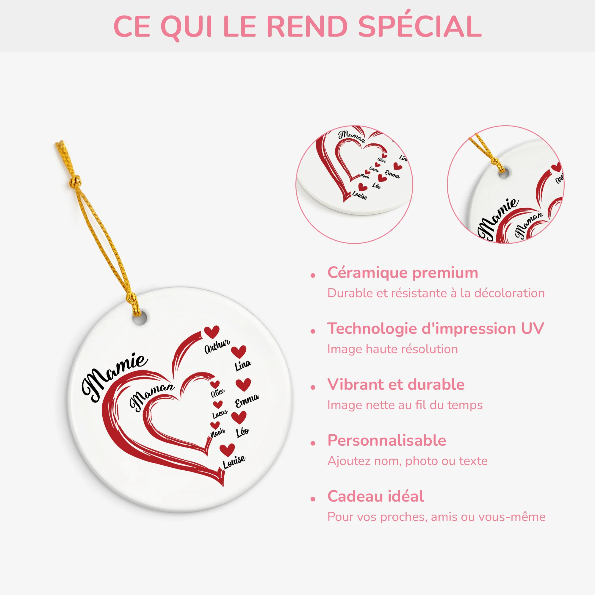 Ornement Céramique Personnalisé Maman Mamie - Cœurs Rouges - Image 4