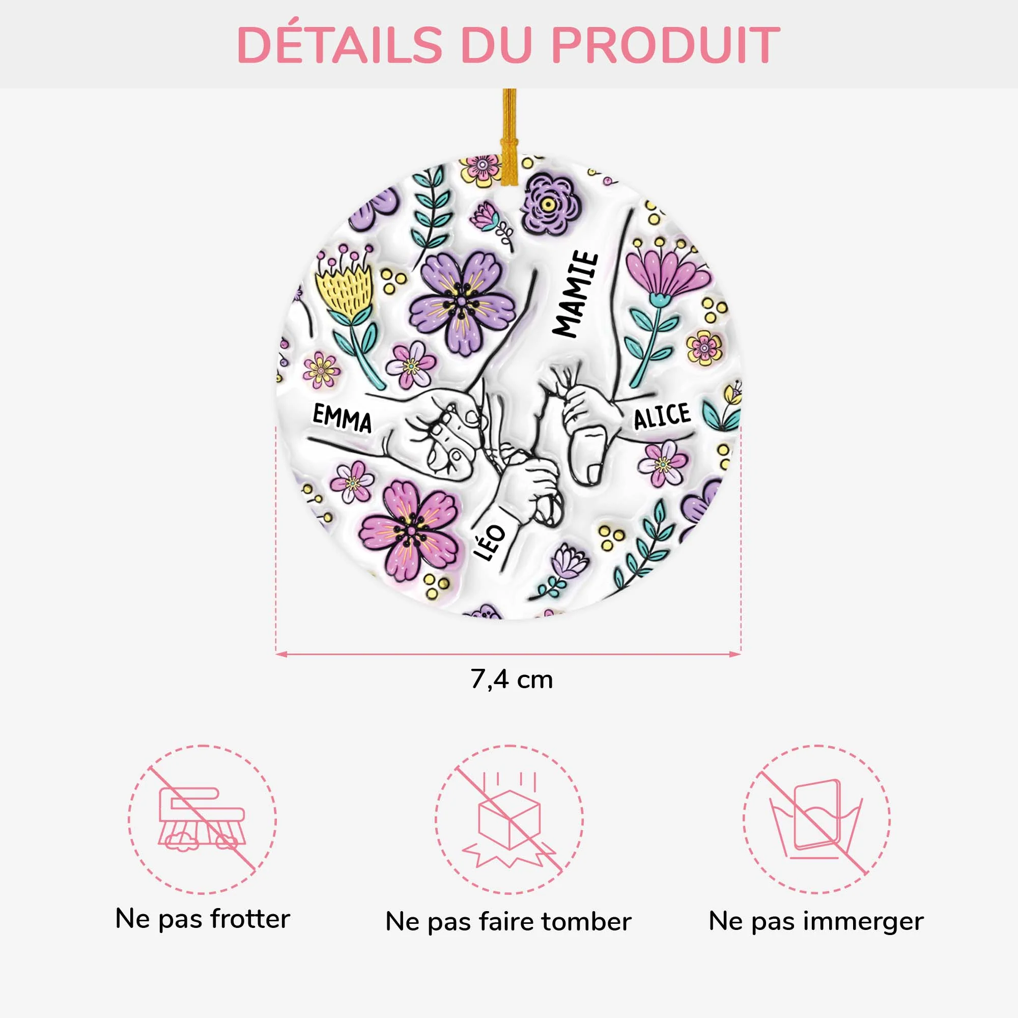 Ornement Céramique Personnalisé - Mamie Tenant Les Mains Avec Fleurs - Image 3