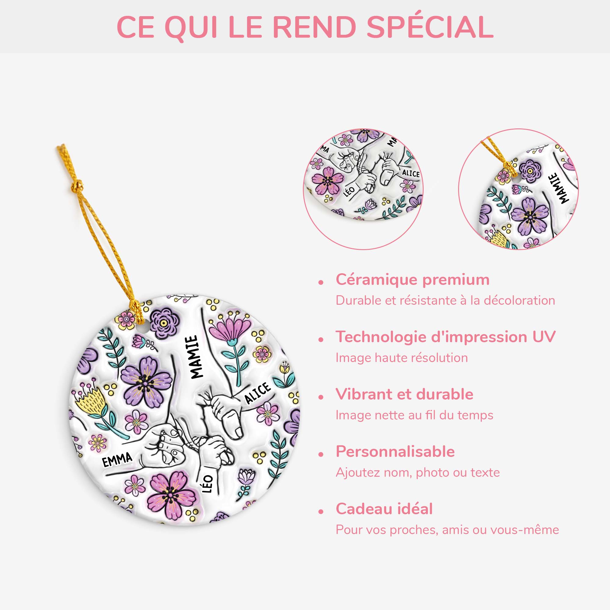 Ornement Céramique Personnalisé - Mamie Tenant Les Mains Avec Fleurs - Image 4