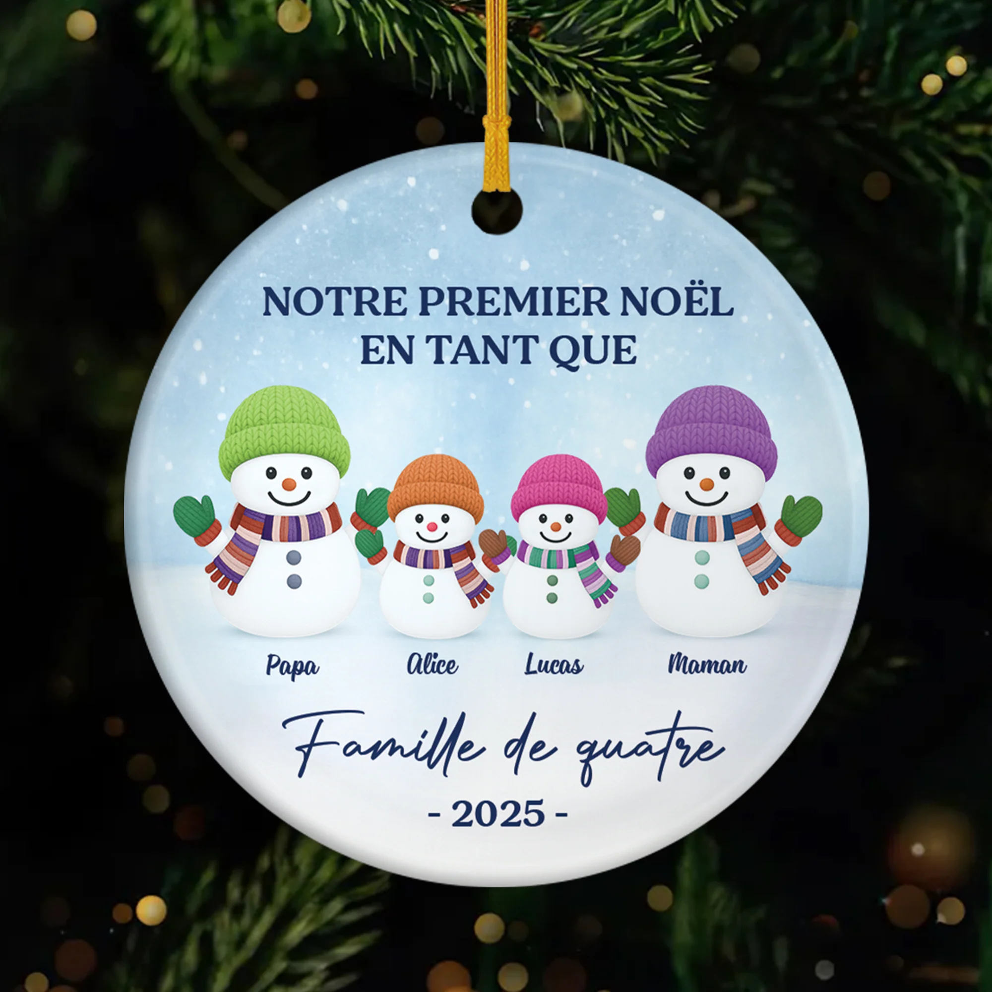 Ornement Céramique Personnalisé - Premier Noël De Famille Bonhomme De Neige