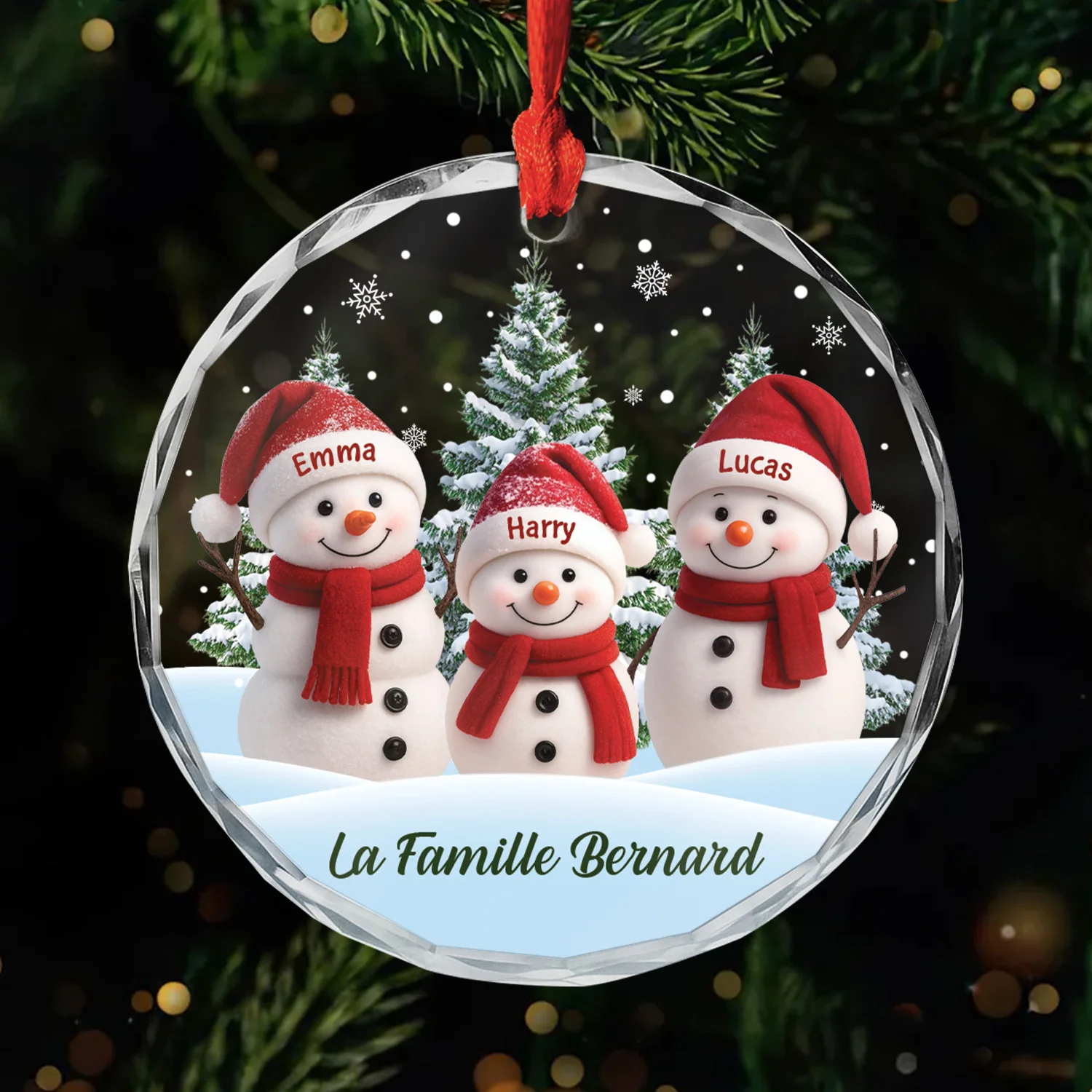 Ornement De Noël En Verre Personnalisé - Famille Bonhomme De Neige Avec Sapin