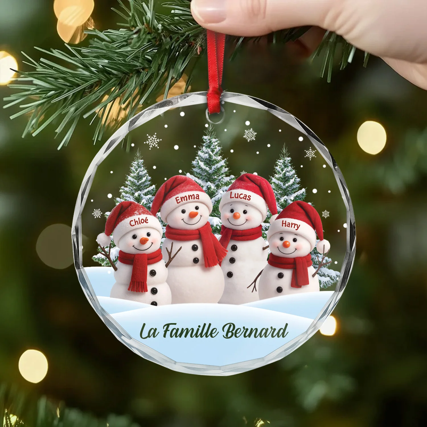 Ornement De Noël En Verre Personnalisé - Famille Bonhomme De Neige Avec Sapin - Image 2