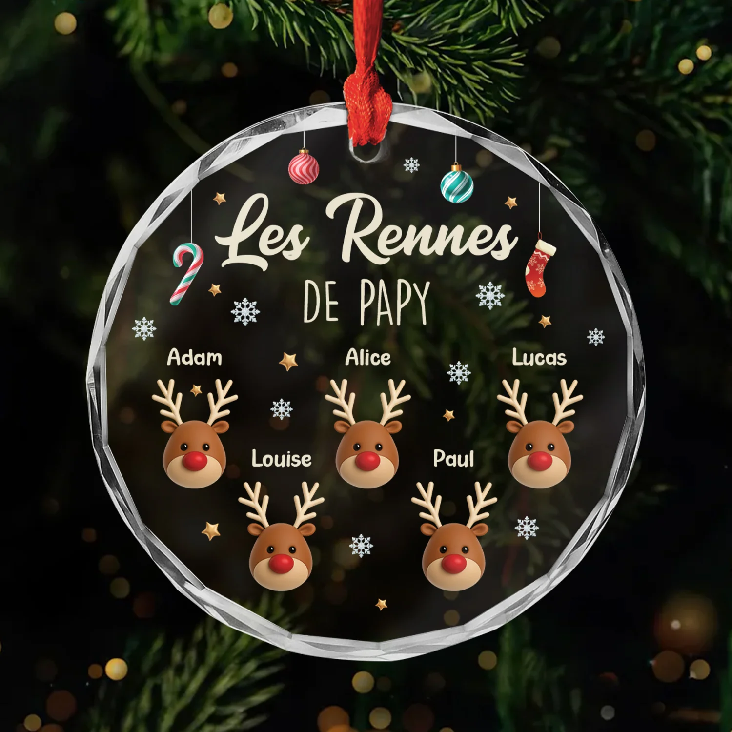 Ornement De Noël En Verre Personnalisé - Les Rennes De Papy Mamie