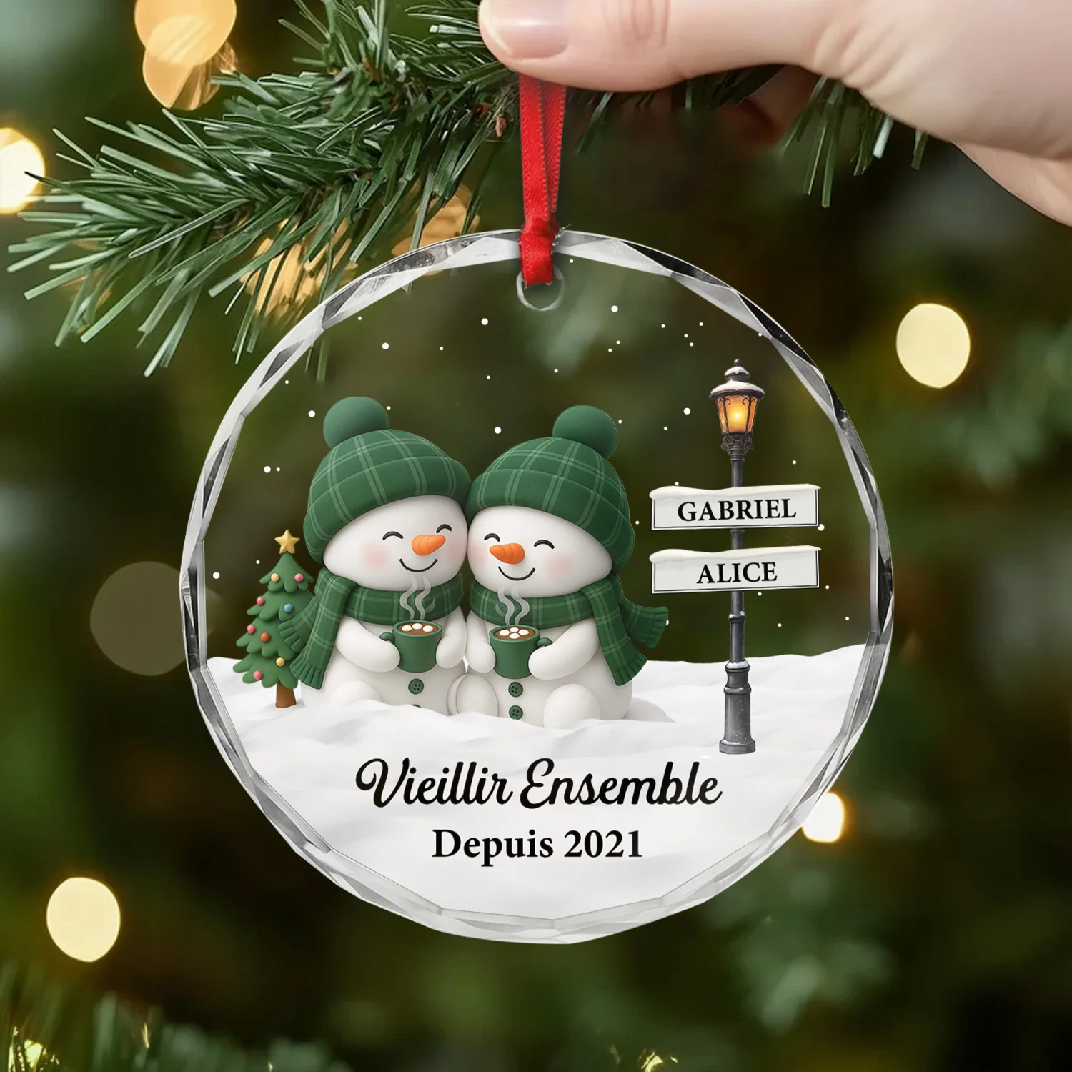 Ornement De Noël En Verre Personnalisé - Vieillir Ensemble Avec Couple Bonhomme De Neige - Image 2