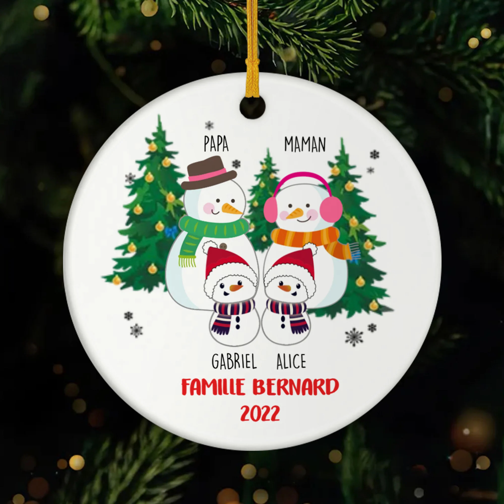 Ornement de Noël Famille Bonhomme de Neige Personnalisé