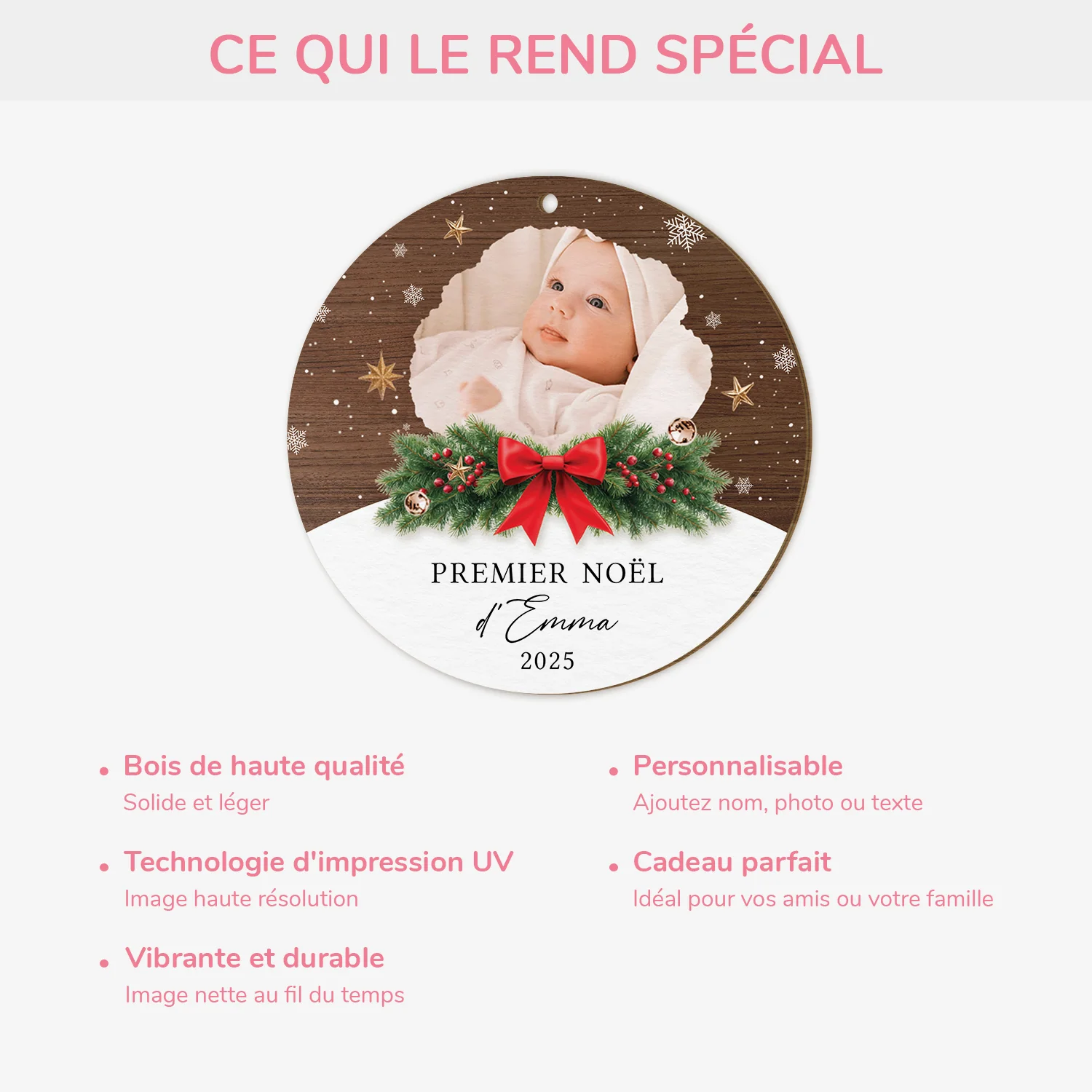 Ornement En Bois À 1 Couche Personnalisé Avec Photo - Premier Noël De Bébé - Image 4