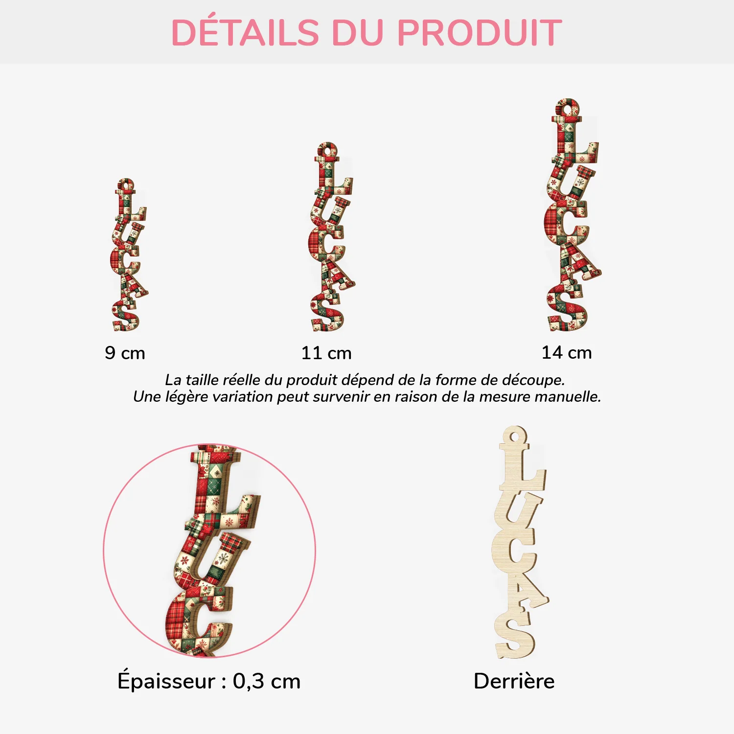 Ornement En Bois À 1 Couche Personnalisé Homme/Femme - Lettres Patchwork De Noël Avec Prénom - Image 2