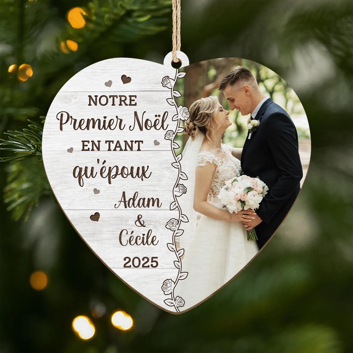 Ornement En Bois À 1 Couche Personnalisé Photo Couple - Notre Premier Noël En Tant Qu'époux