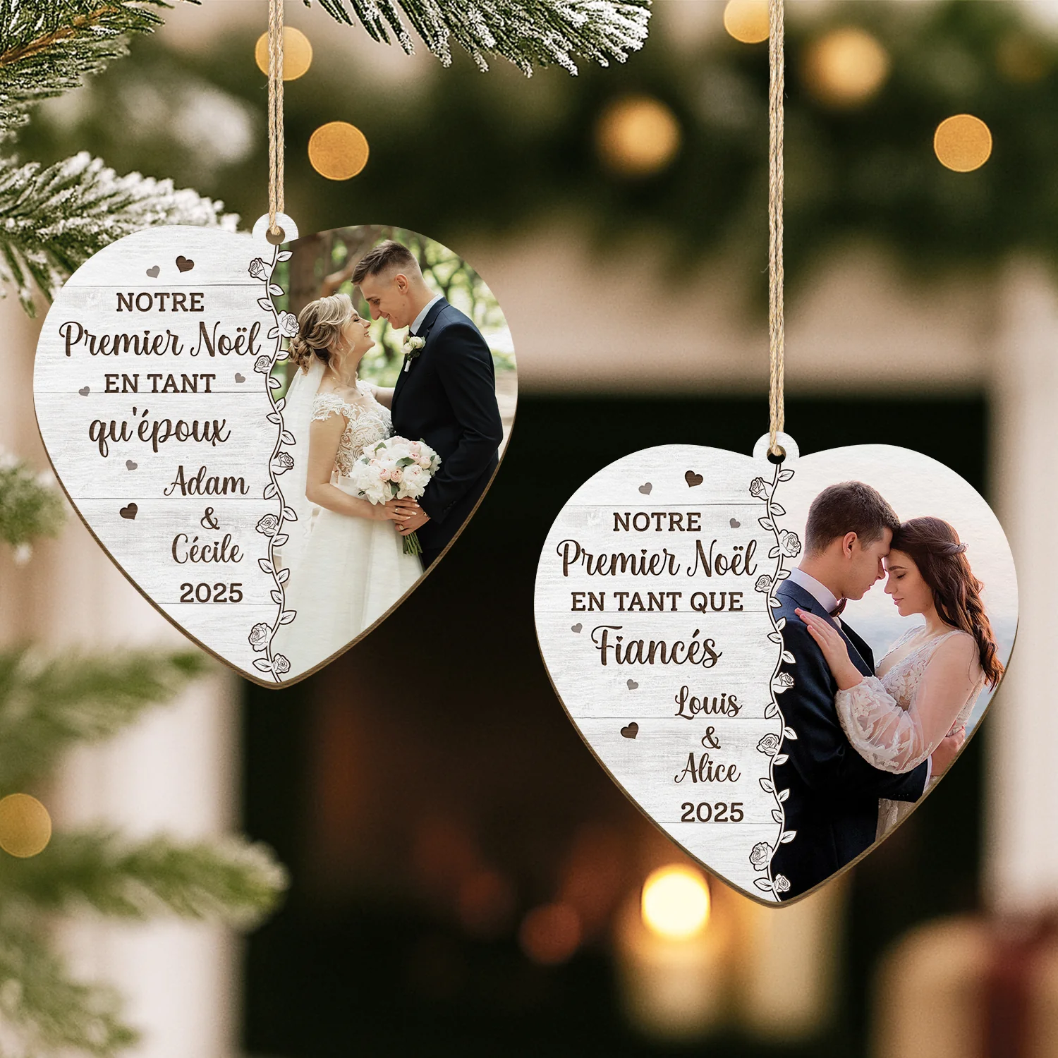 Ornement En Bois À 1 Couche Personnalisé Photo Couple - Notre Premier Noël En Tant Qu'époux - Image 2