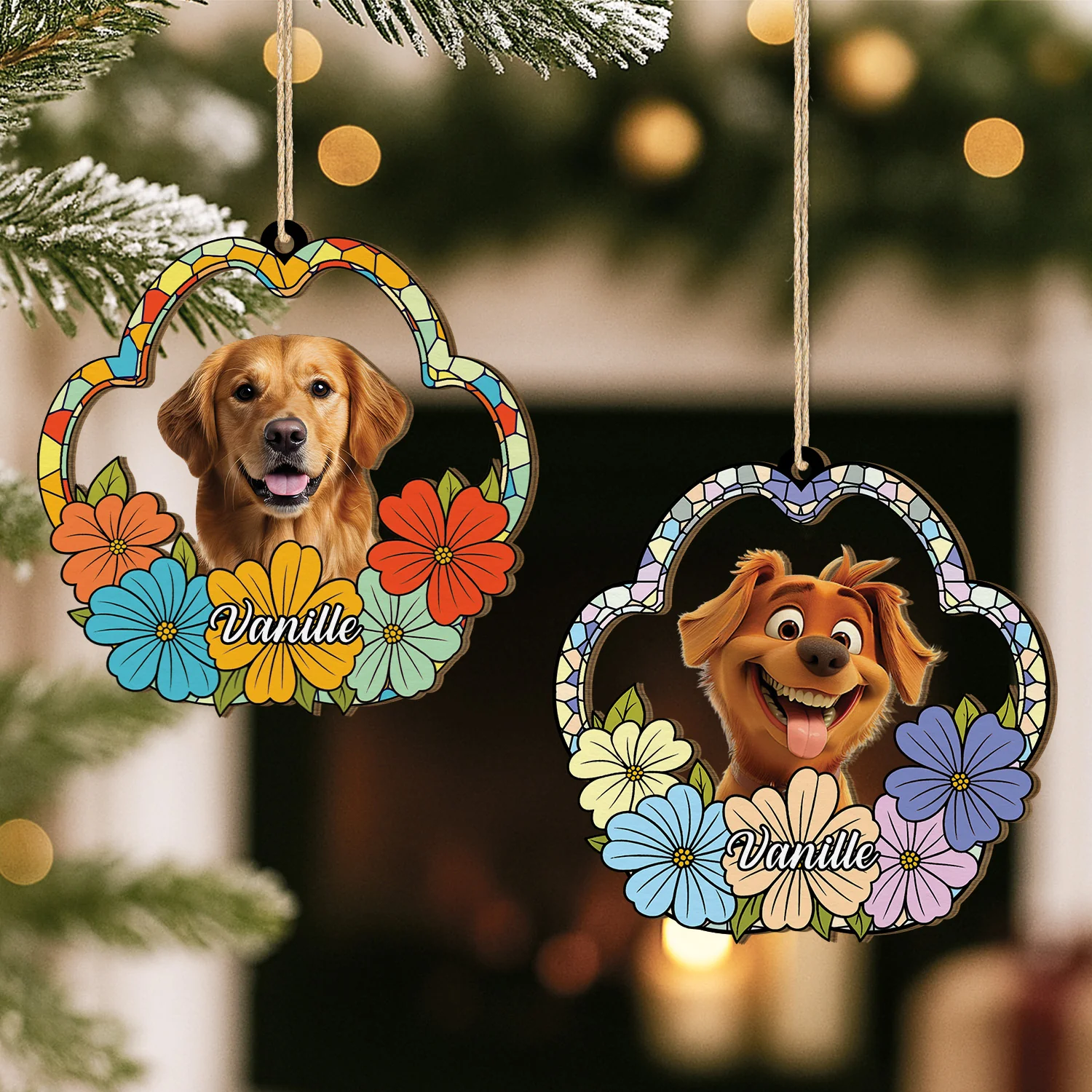 Ornement En Bois À 1 Couche Personnalisé - Portrait Floral De Mon Chien - Image 2