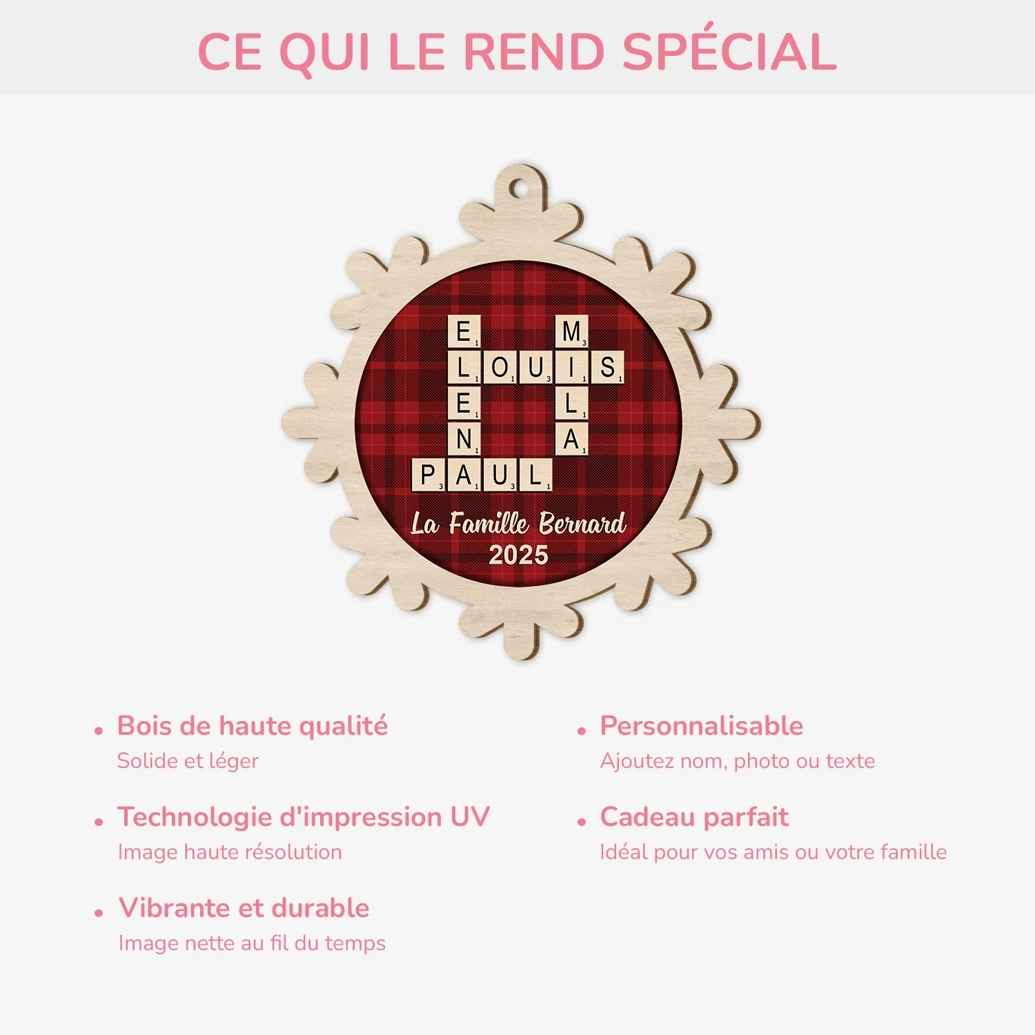 Ornement En Bois À 1 Couches Personnalisé Famille - Flocon De Neige Avec Mots-Croisés - Image 4