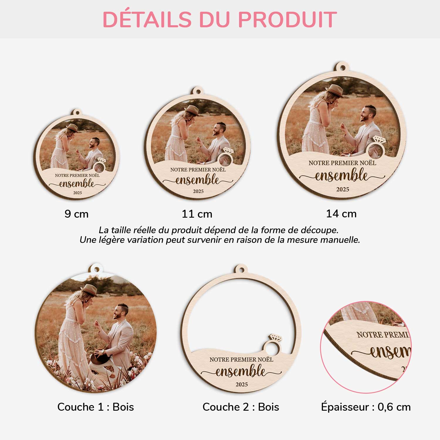 Ornement En Bois À 2 Couches Personnalisé Couple Avec Photo - Notre Premier Noël Fiancés - Image 3