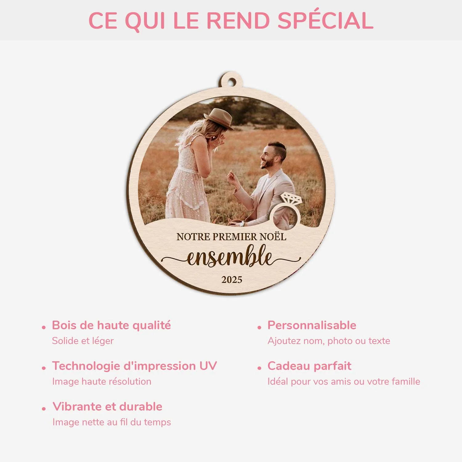 Ornement En Bois À 2 Couches Personnalisé Couple Avec Photo - Notre Premier Noël Fiancés - Image 4
