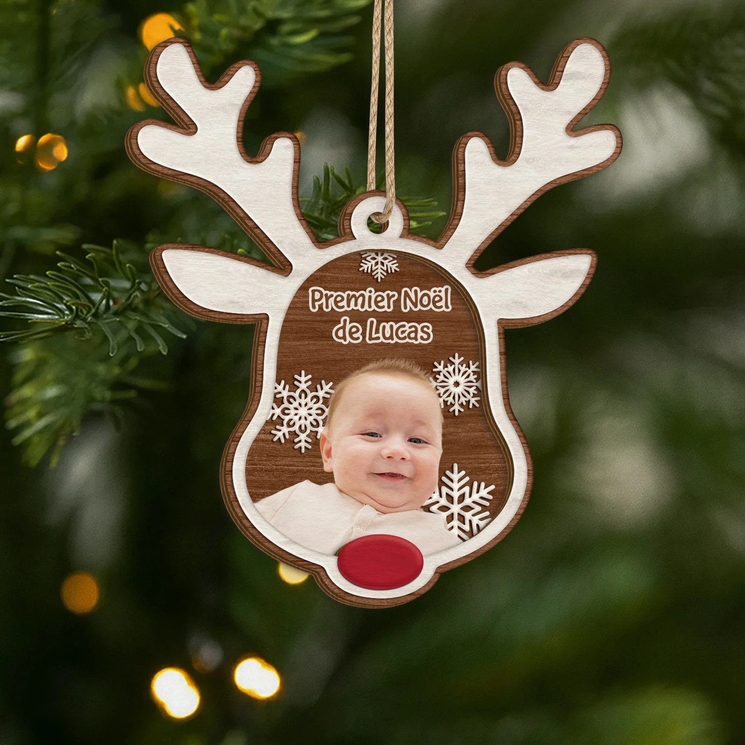 Ornement En Bois À 2 Couches Personnalisé Enfant Avec Photo - Premier Noël Renne Au Nez
