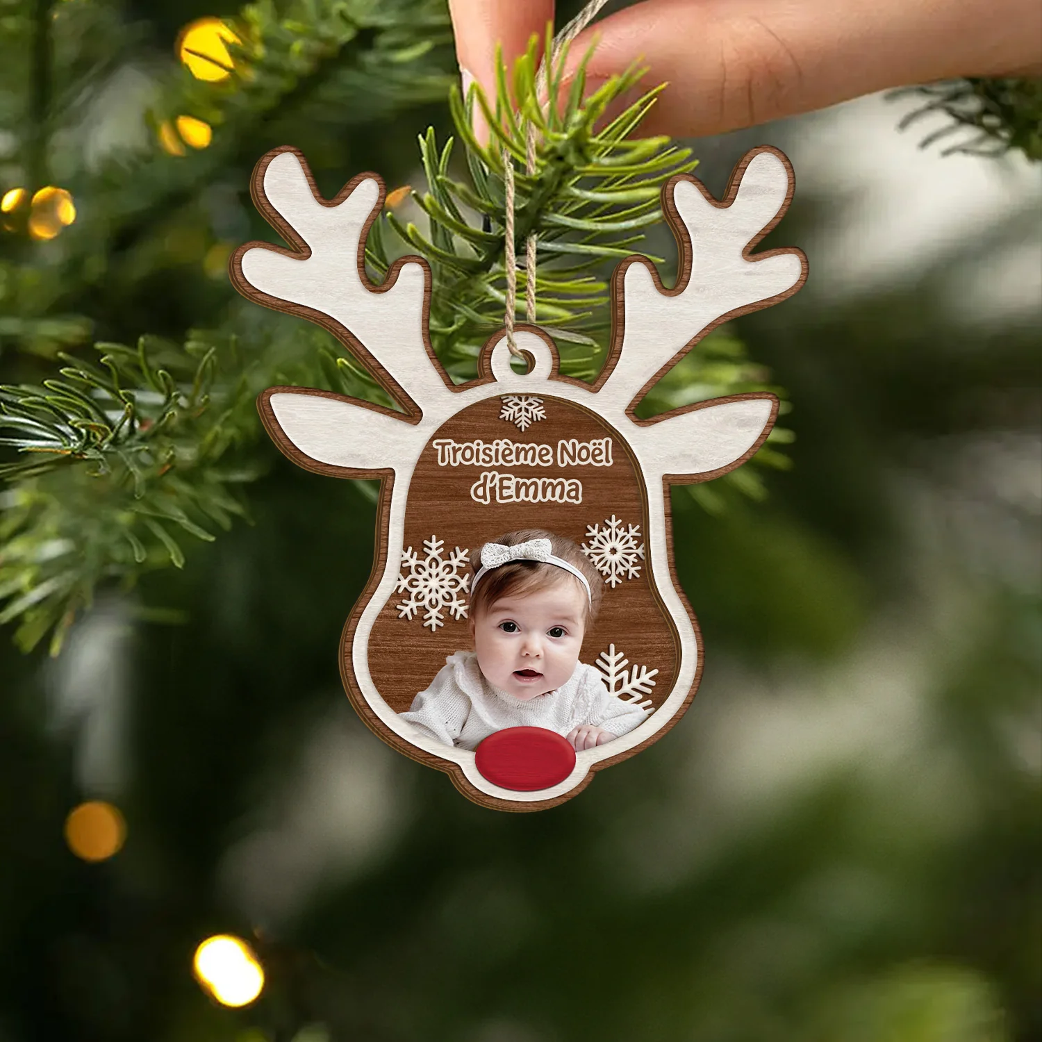 Ornement En Bois À 2 Couches Personnalisé Enfant Avec Photo - Premier Noël Renne Au Nez - Image 2