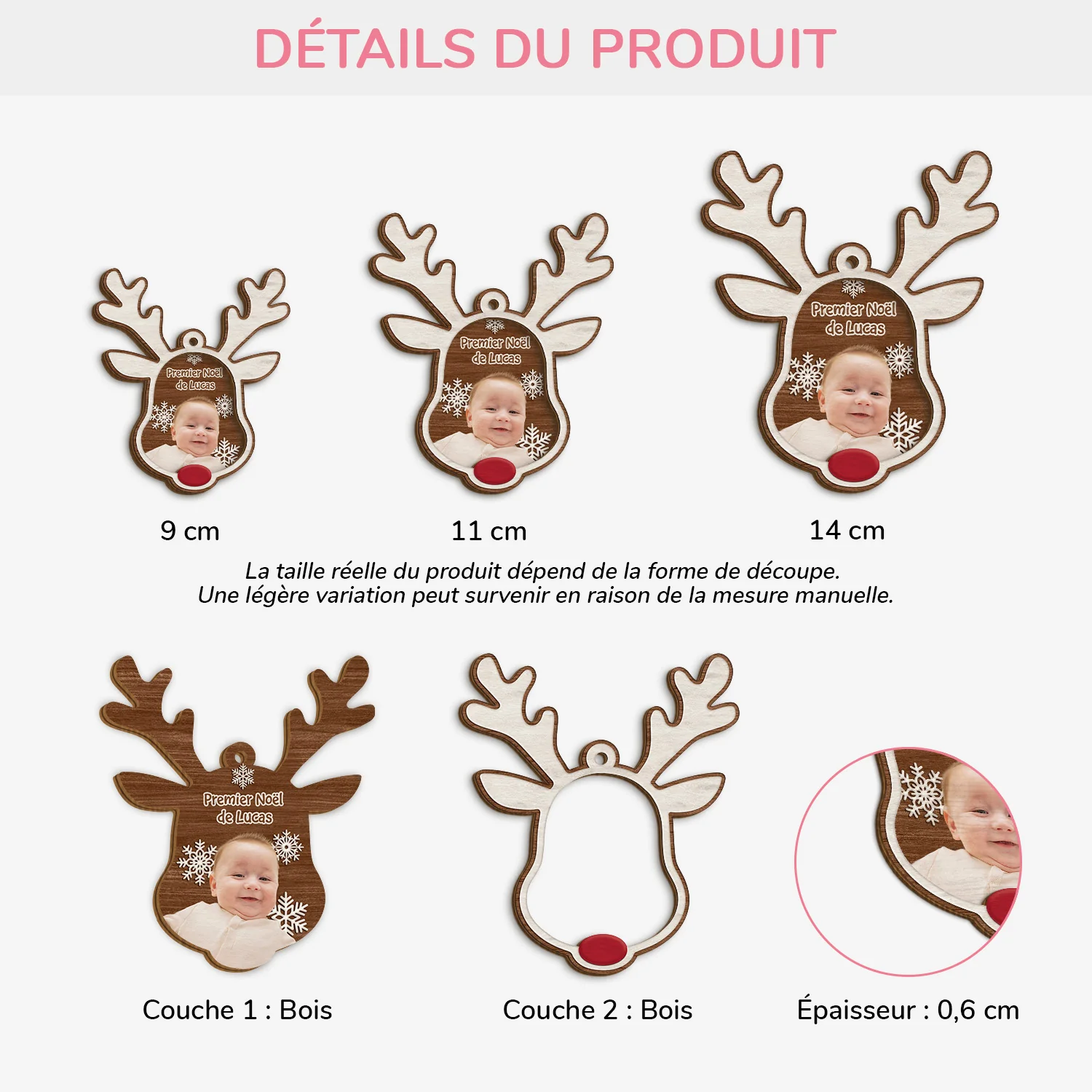 Ornement En Bois À 2 Couches Personnalisé Enfant Avec Photo - Premier Noël Renne Au Nez - Image 3