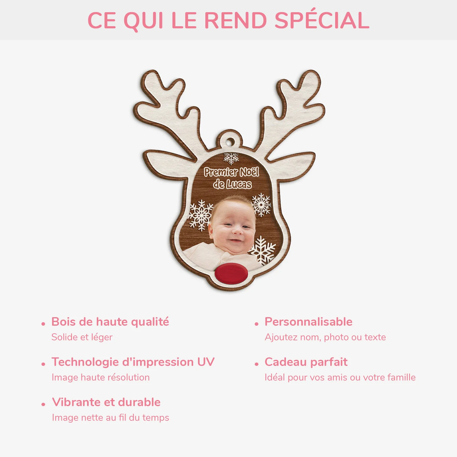 Ornement En Bois À 2 Couches Personnalisé Enfant Avec Photo - Premier Noël Renne Au Nez - Image 4
