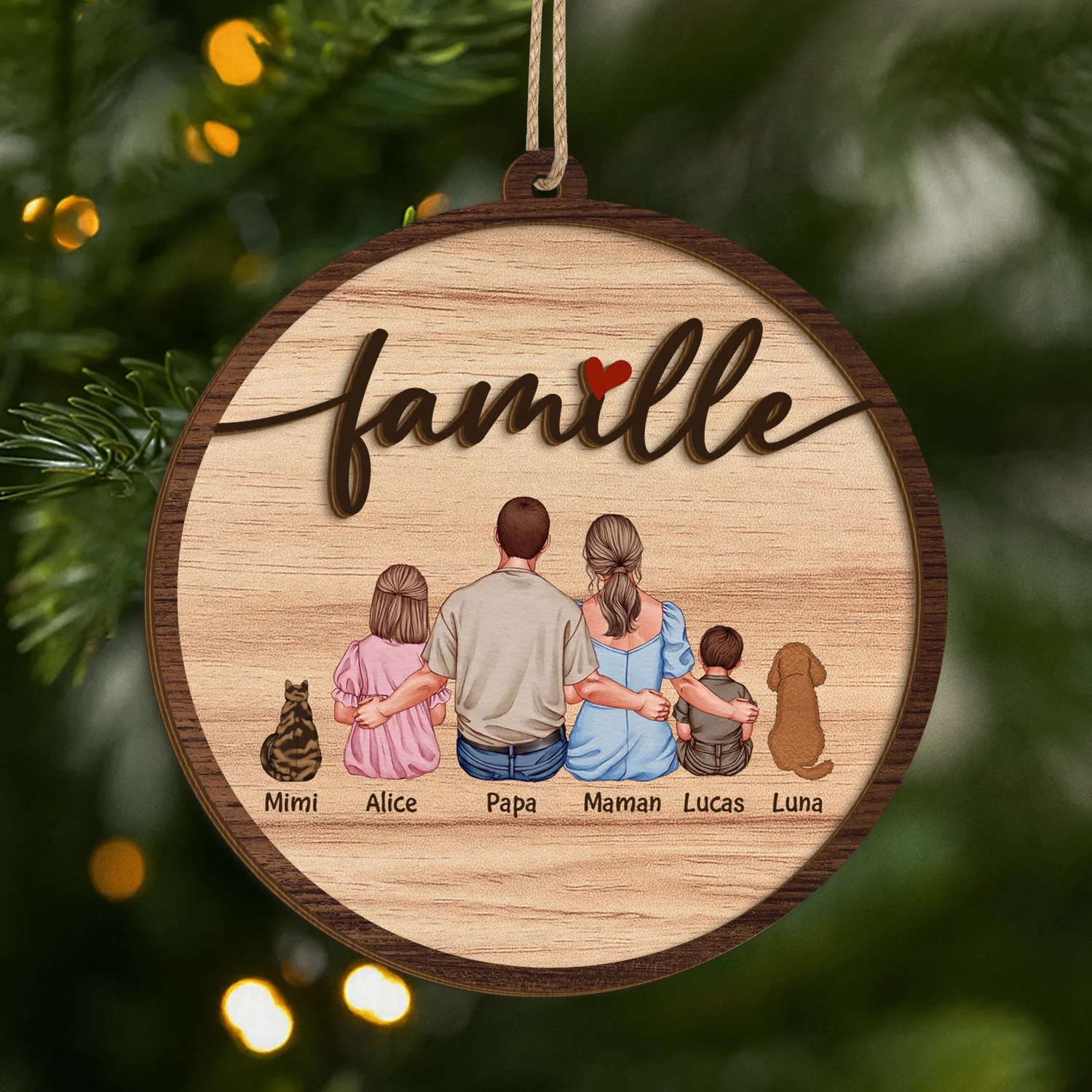 Ornement En Bois À 2 Couches Personnalisé Famille - La Famille Vue De Dos