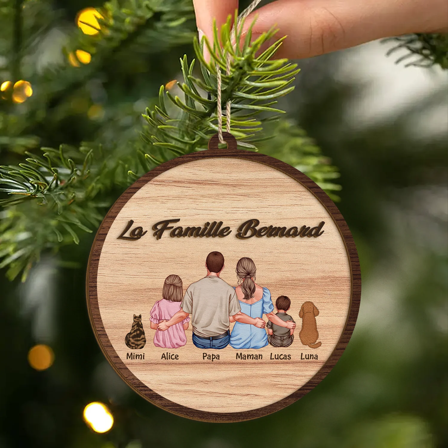 Ornement En Bois À 2 Couches Personnalisé Famille - La Famille Vue De Dos - Image 2