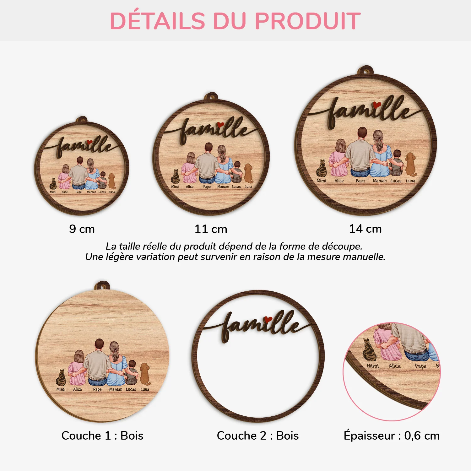 Ornement En Bois À 2 Couches Personnalisé Famille - La Famille Vue De Dos - Image 3