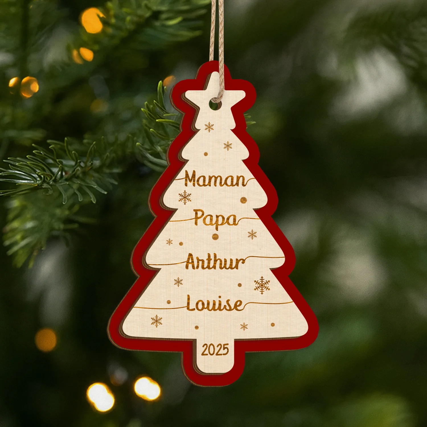 Ornement Personnalisé Famille En Bois À 2 Couches - Sapin De Noël Avec Prénom