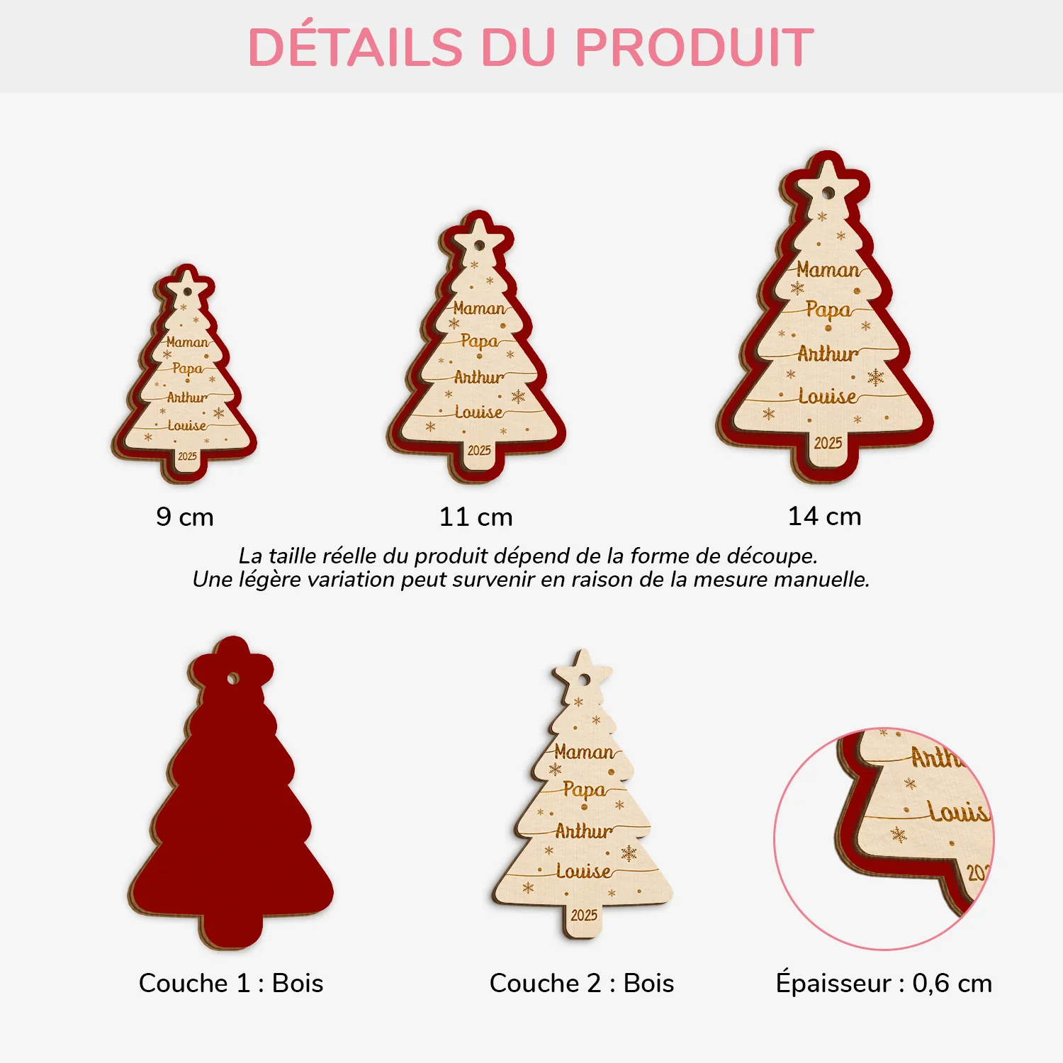 Ornement Personnalisé Famille En Bois À 2 Couches - Sapin De Noël Avec Prénom - Image 3