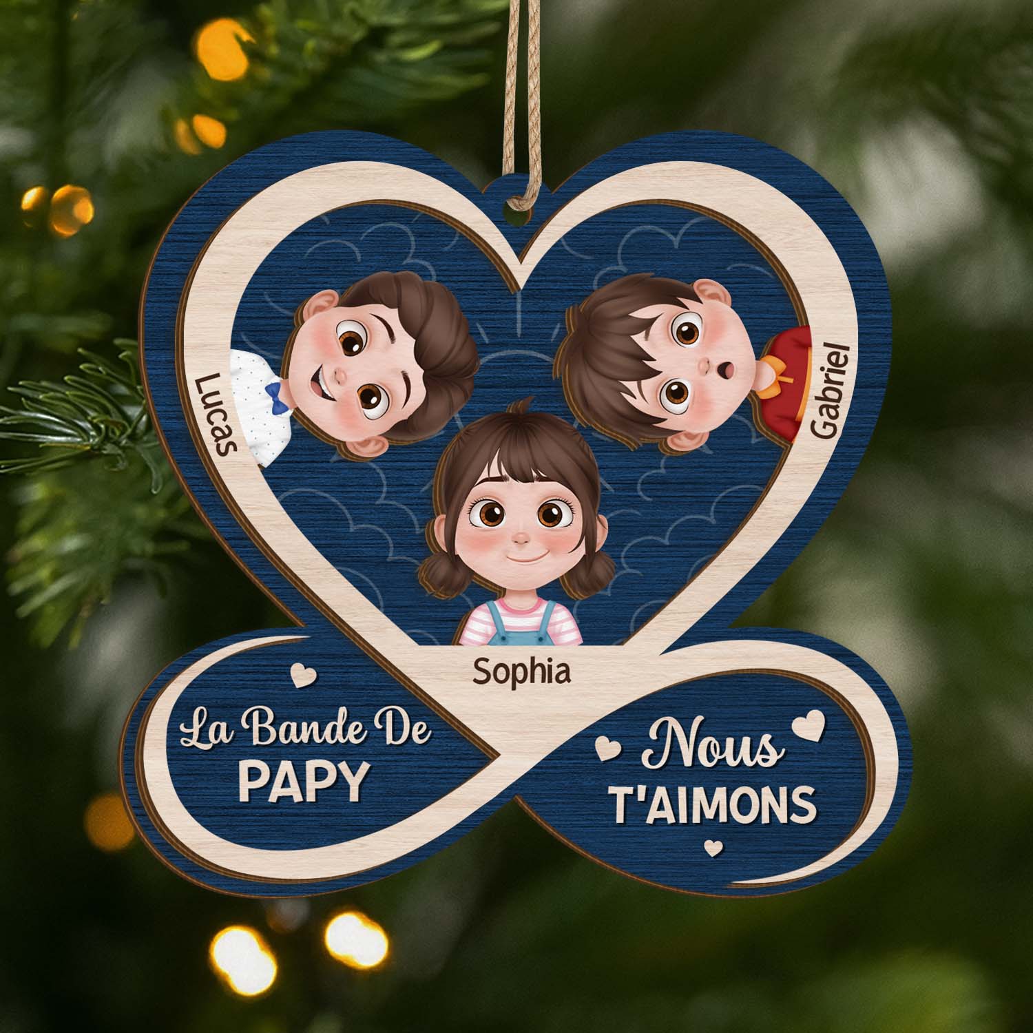 Ornement En Bois À 2 Couches Personnalisé - La Bande De Mamie Papy Avec Cœur