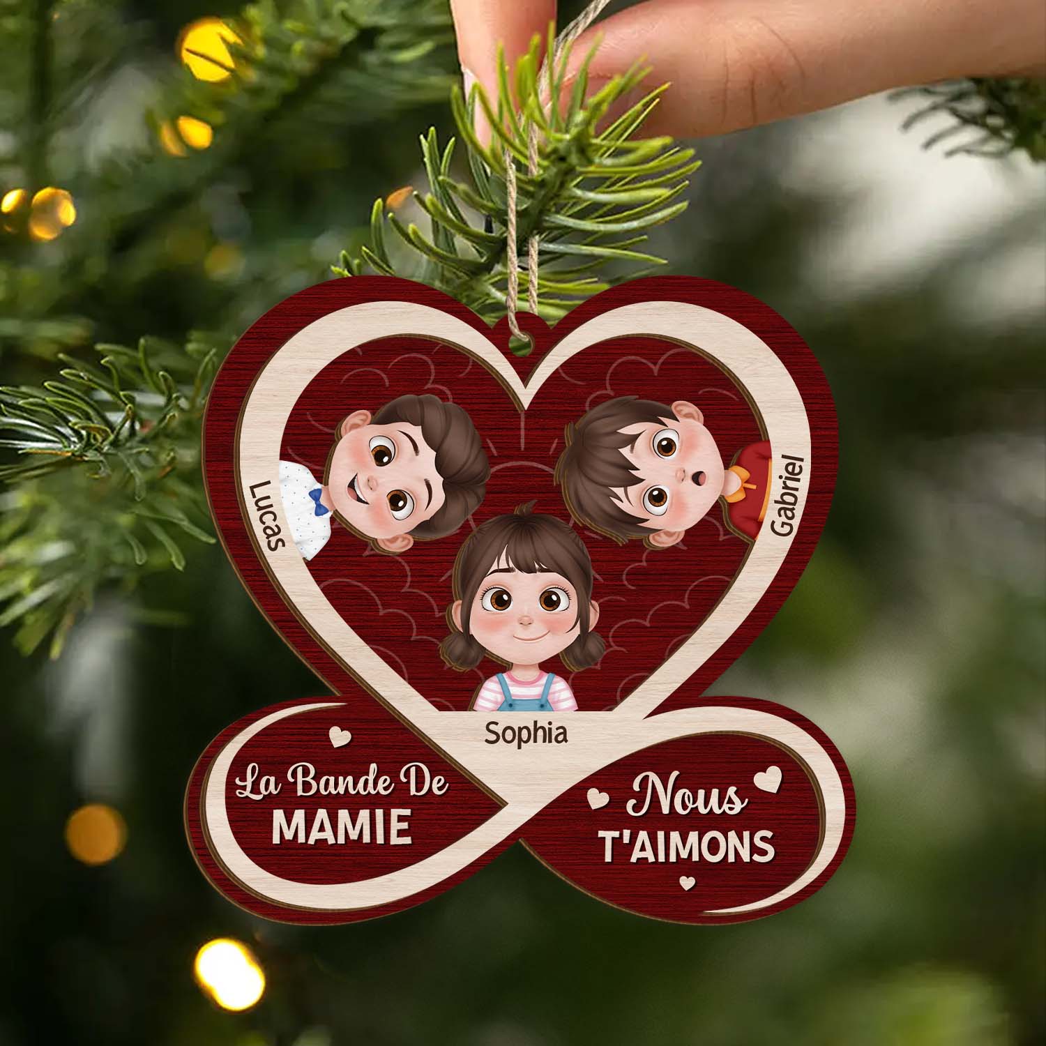 Ornement En Bois À 2 Couches Personnalisé - La Bande De Mamie Papy Avec Cœur - Image 2