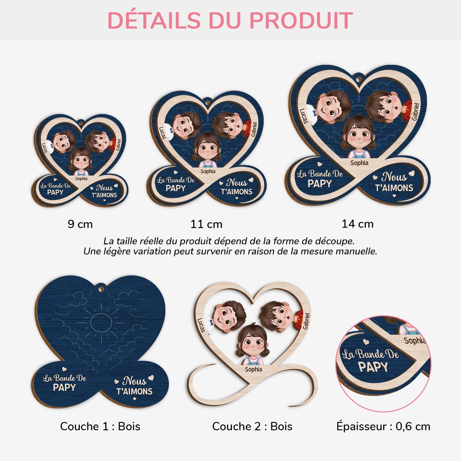 Ornement En Bois À 2 Couches Personnalisé - La Bande De Mamie Papy Avec Cœur - Image 3