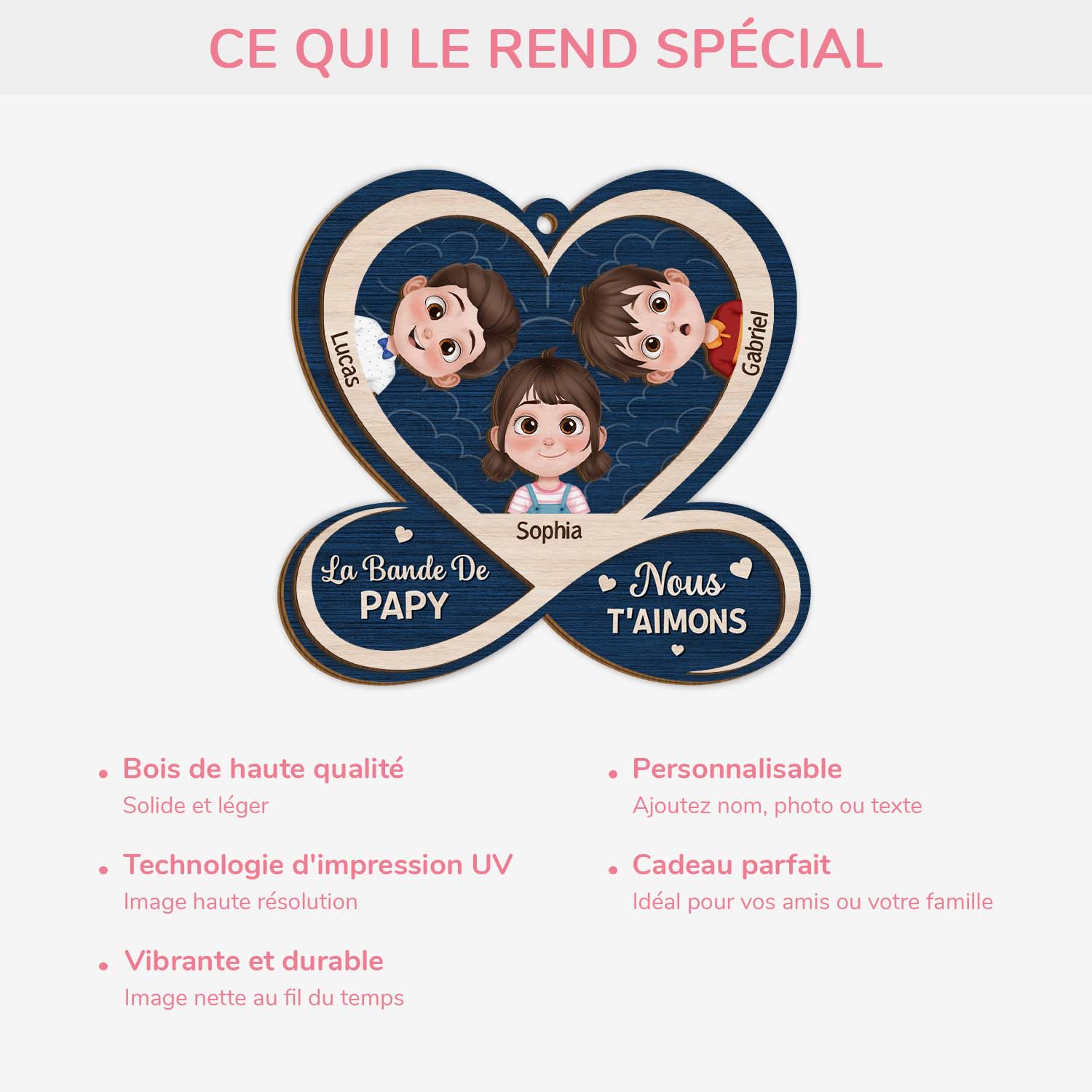 Ornement En Bois À 2 Couches Personnalisé - La Bande De Mamie Papy Avec Cœur - Image 4