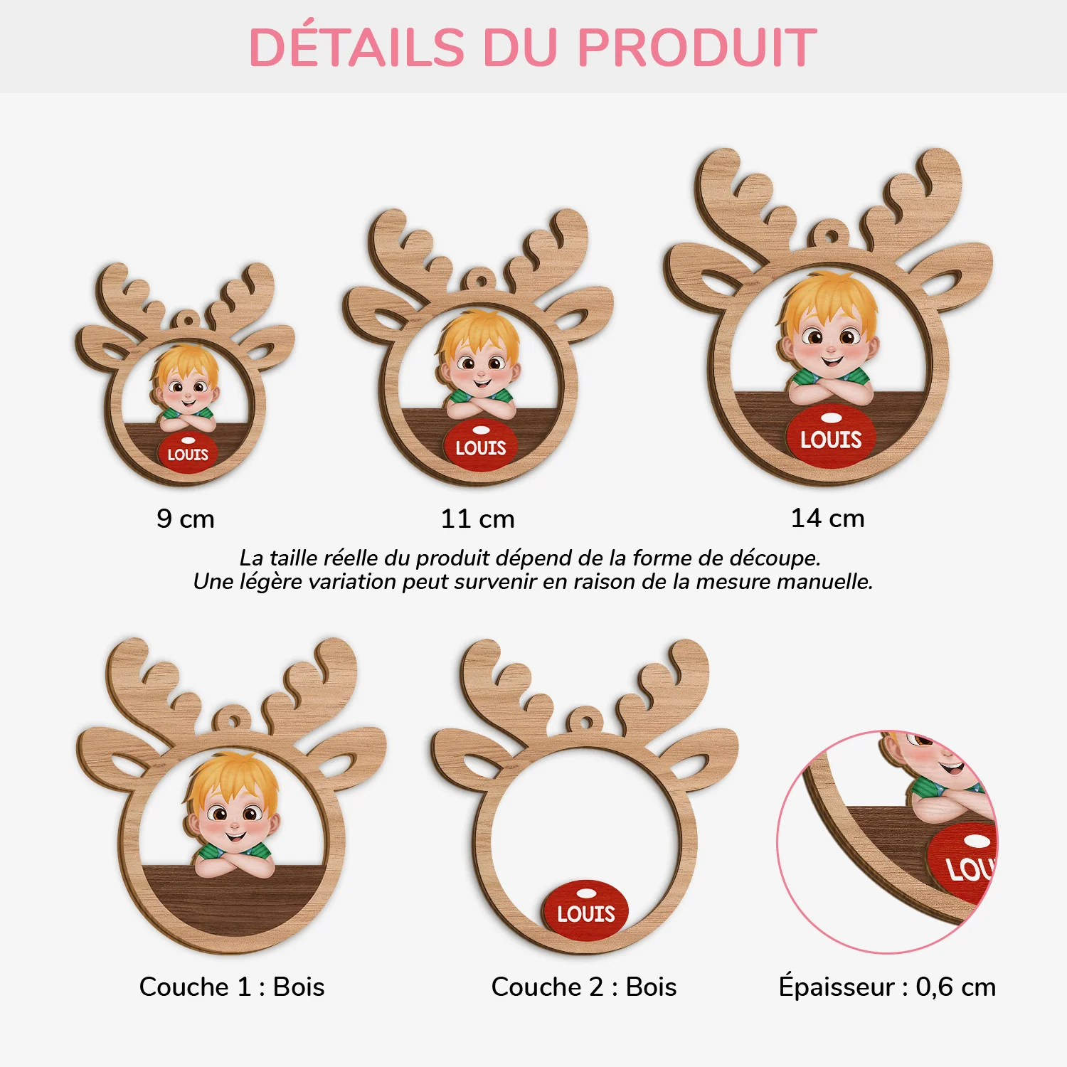 Ornement En Bois À 2 Couches Personnalisé - Le Renne Au Nez Rouge Avec Enfant - Image 3