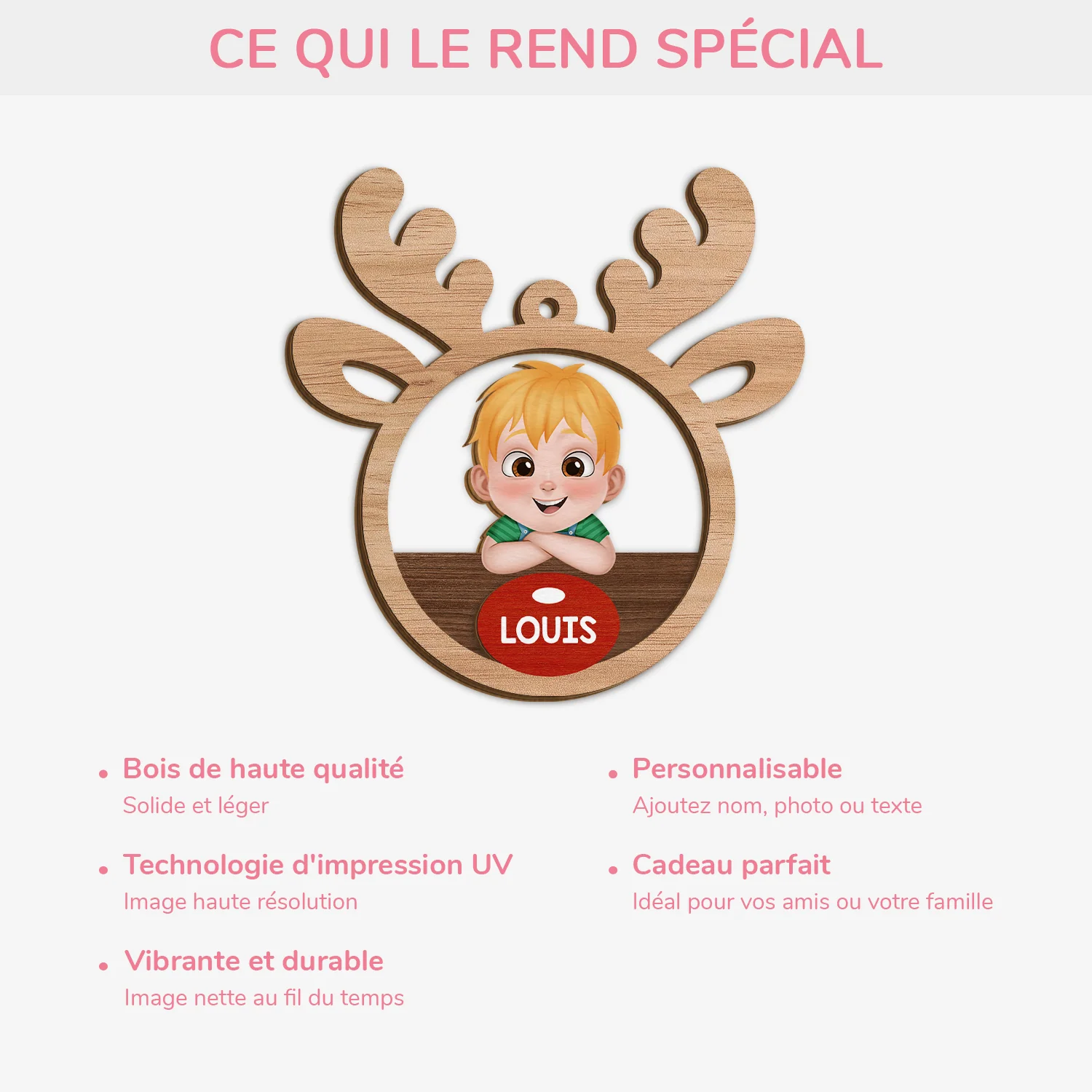 Ornement En Bois À 2 Couches Personnalisé - Le Renne Au Nez Rouge Avec Enfant - Image 4
