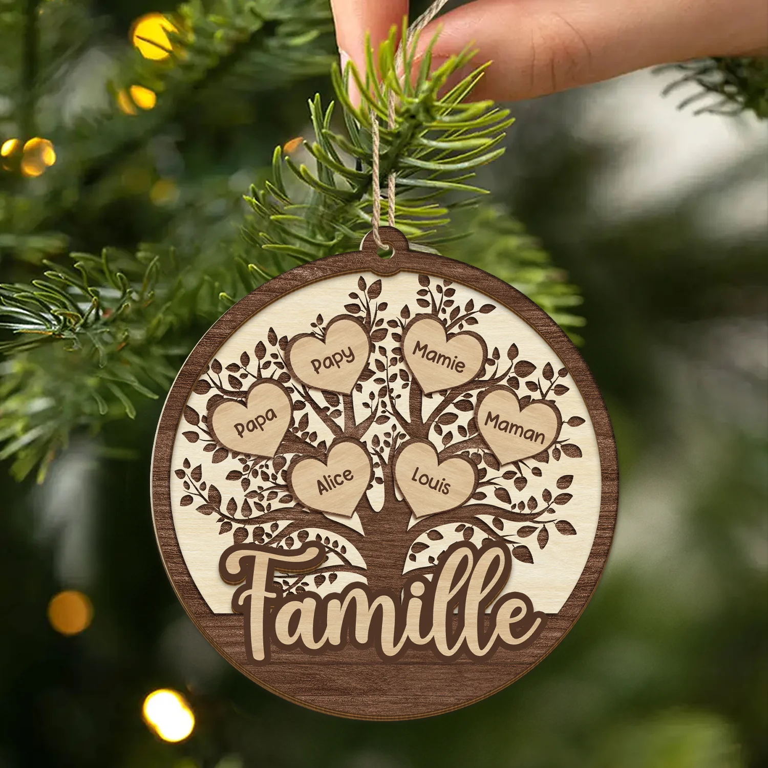 Ornement En Bois À 2 Couches Personnalisé - Notre Arbre De Vie Famille Avec Cœur - Image 2