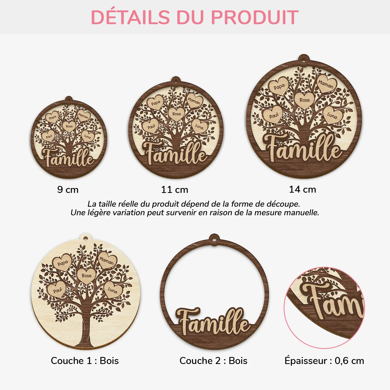 Ornement En Bois À 2 Couches Personnalisé - Notre Arbre De Vie Famille Avec Cœur - Image 3