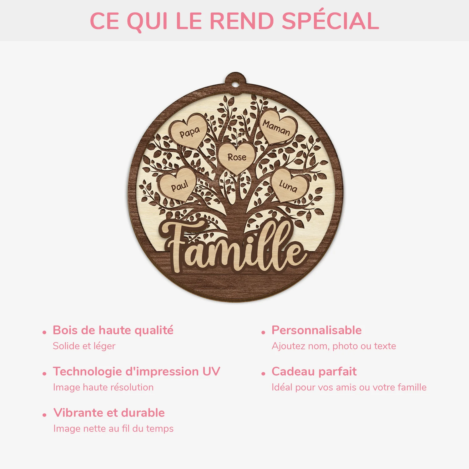 Ornement En Bois À 2 Couches Personnalisé - Notre Arbre De Vie Famille Avec Cœur - Image 4