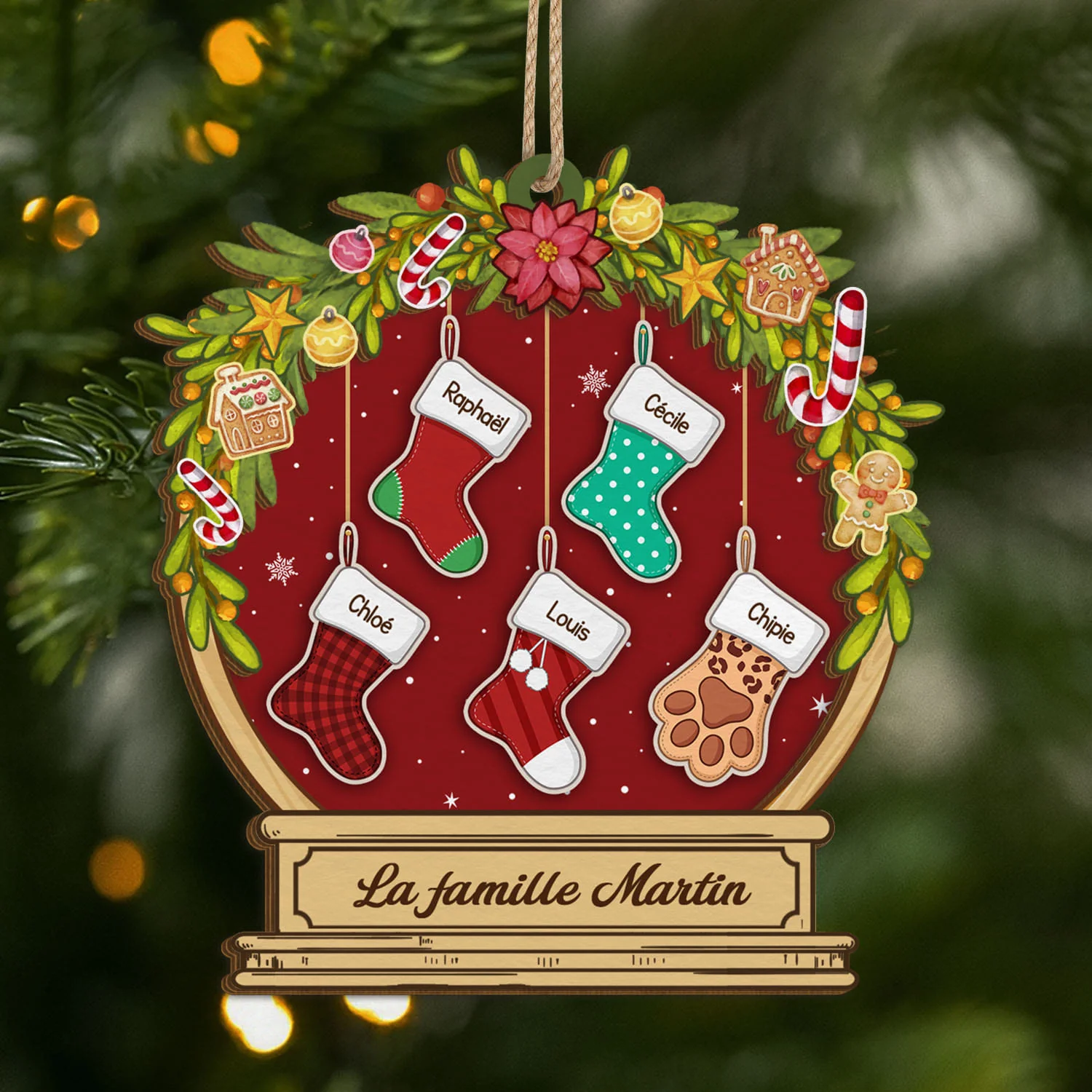 Ornement En Bois À 2 Couches Personnalisé - Notre Famille Noël Boule À Neige
