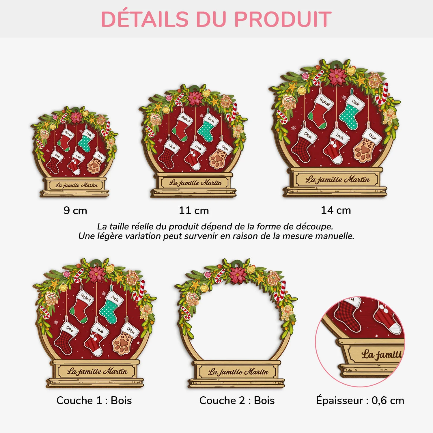 Ornement En Bois À 2 Couches Personnalisé - Notre Famille Noël Boule À Neige - Image 3