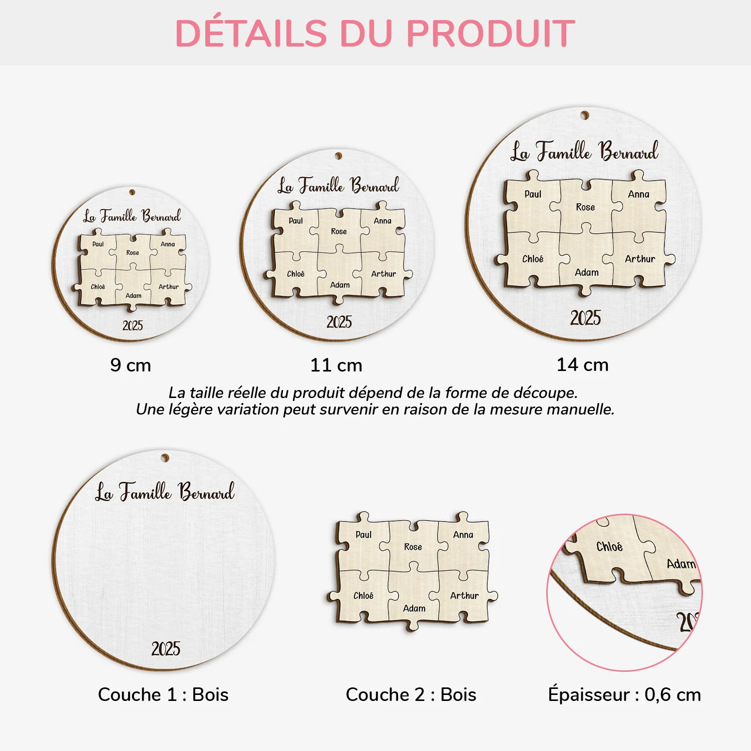 Ornement En Bois À 2 Couches Personnalisé - Notre Famille Puzzle Avec Prénom - Image 3