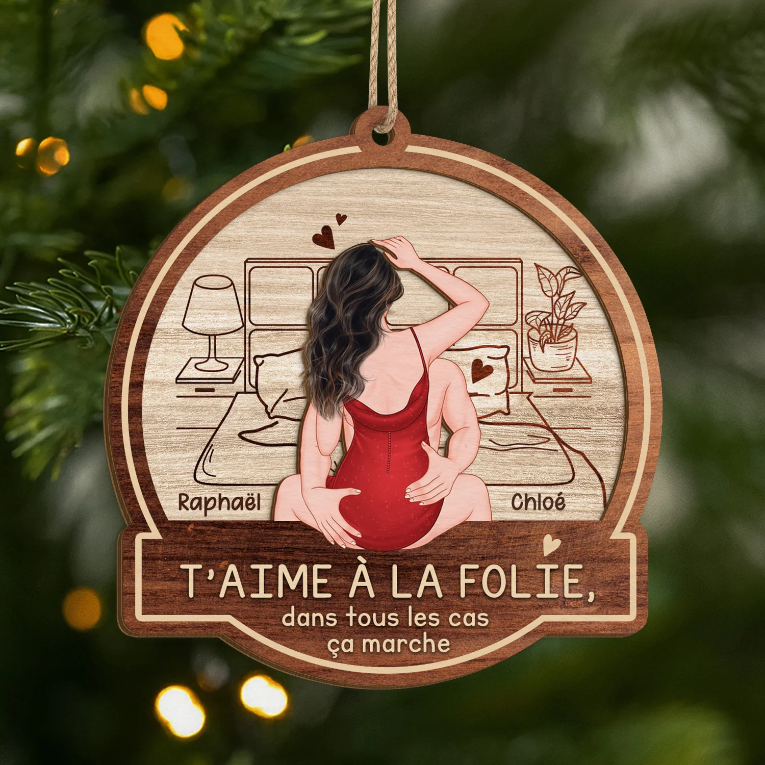 Ornement En Bois À 2 Couches Personnalisé Pour Couple - T’aime À La Folie