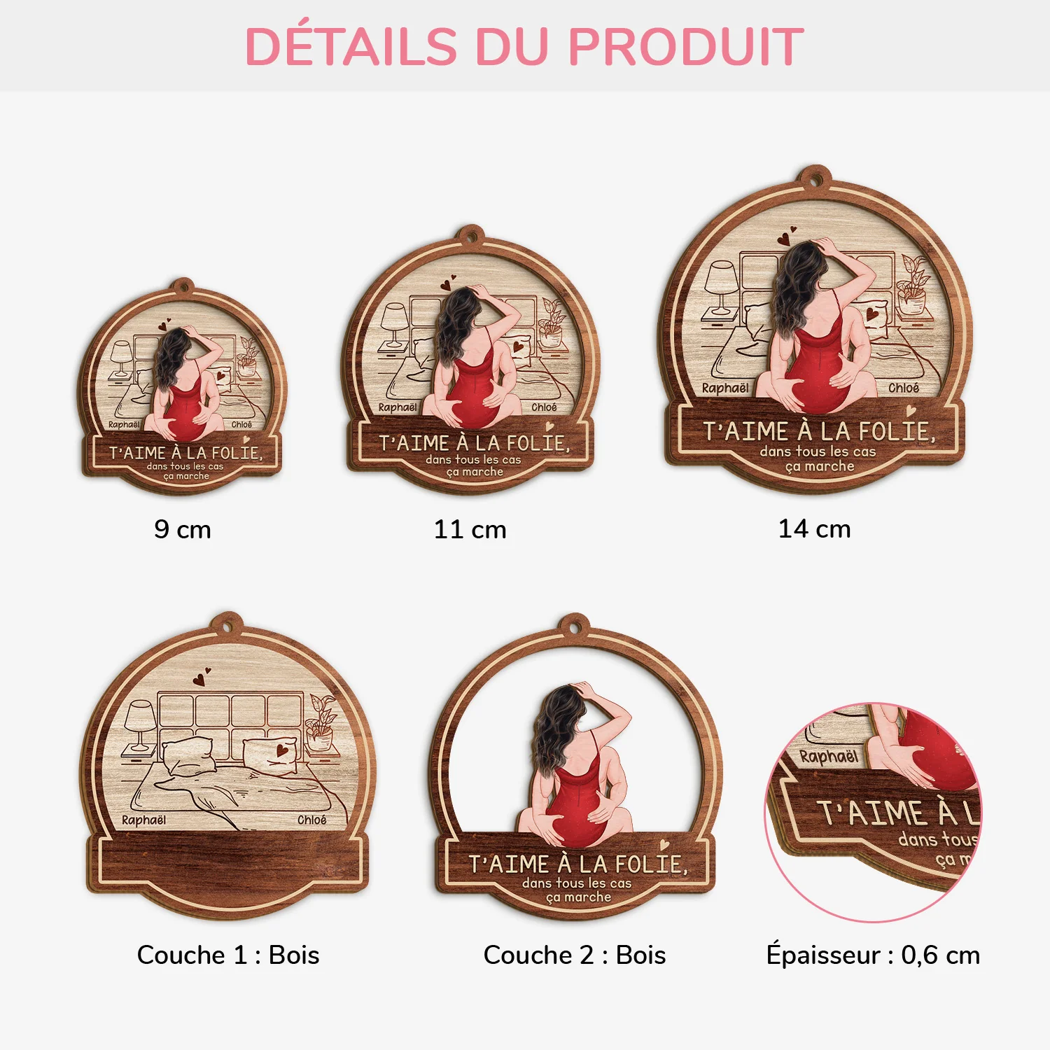 Ornement En Bois À 2 Couches Personnalisé Pour Couple - T’aime À La Folie - Image 3