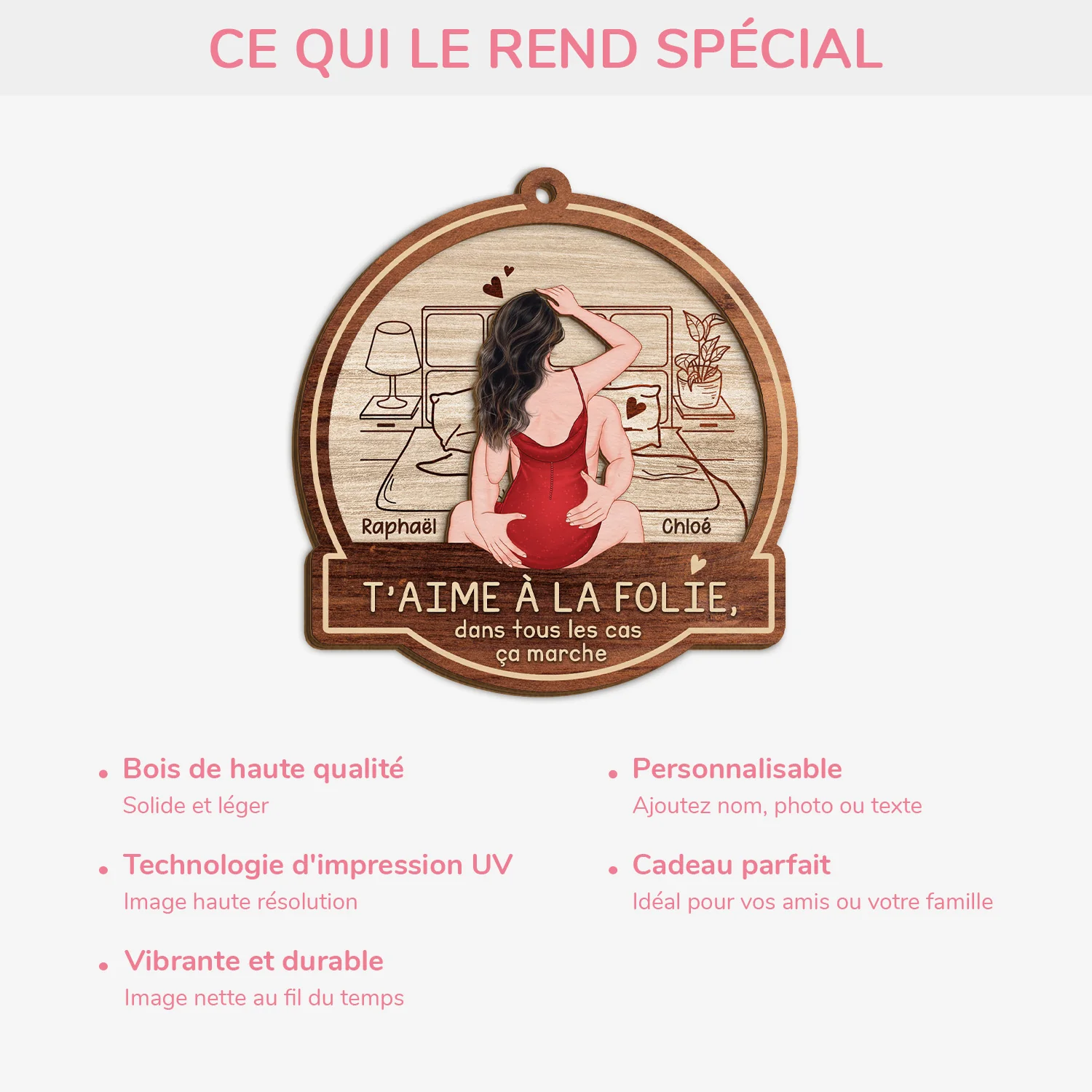 Ornement En Bois À 2 Couches Personnalisé Pour Couple - T’aime À La Folie - Image 4