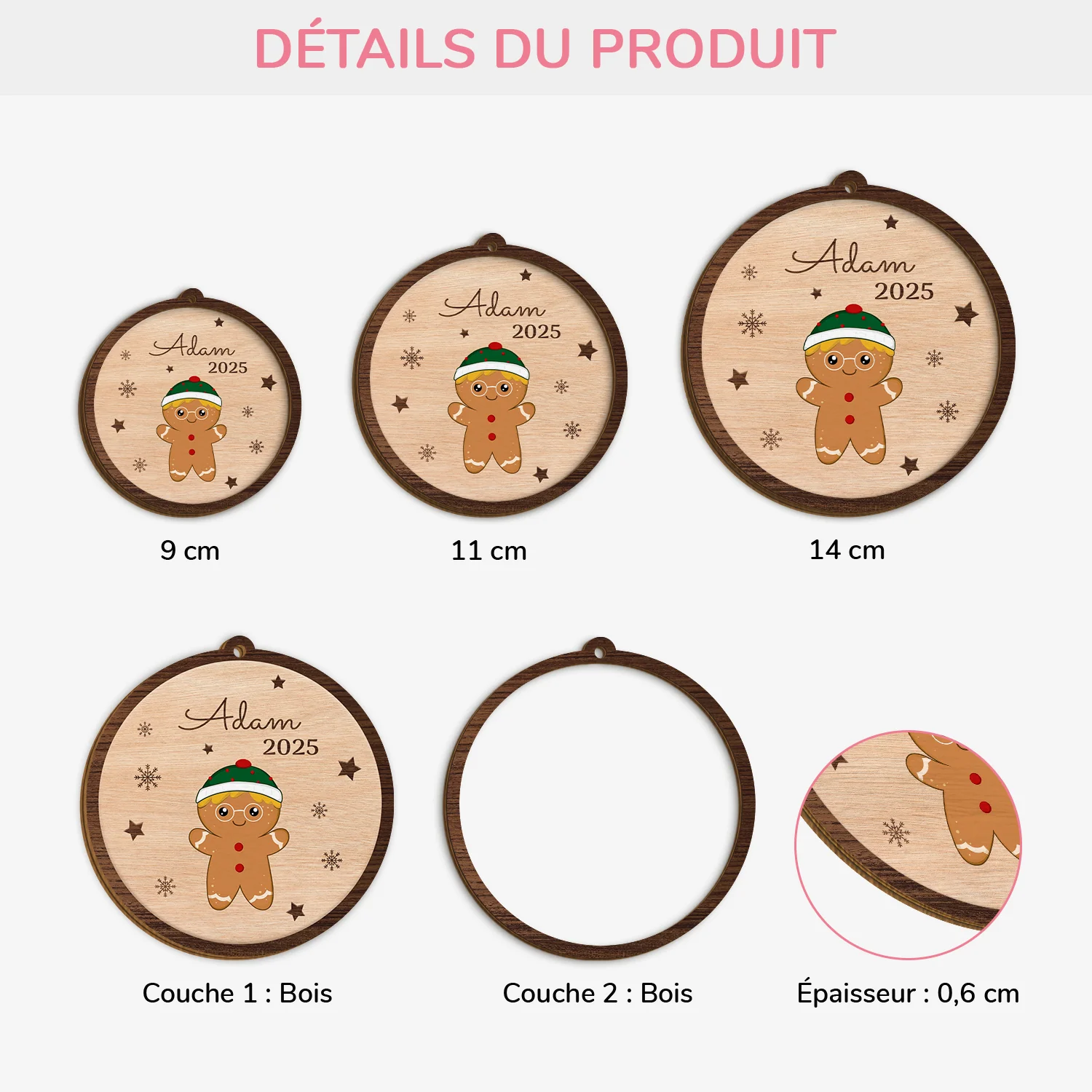 Ornement En Bois À 2 Couches Personnalisé Pour Enfant - Noël Bonhomme De Pain D'épices - Image 3