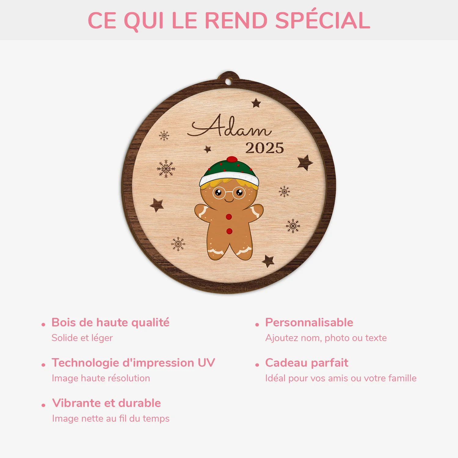 Ornement En Bois À 2 Couches Personnalisé Pour Enfant - Noël Bonhomme De Pain D'épices - Image 4