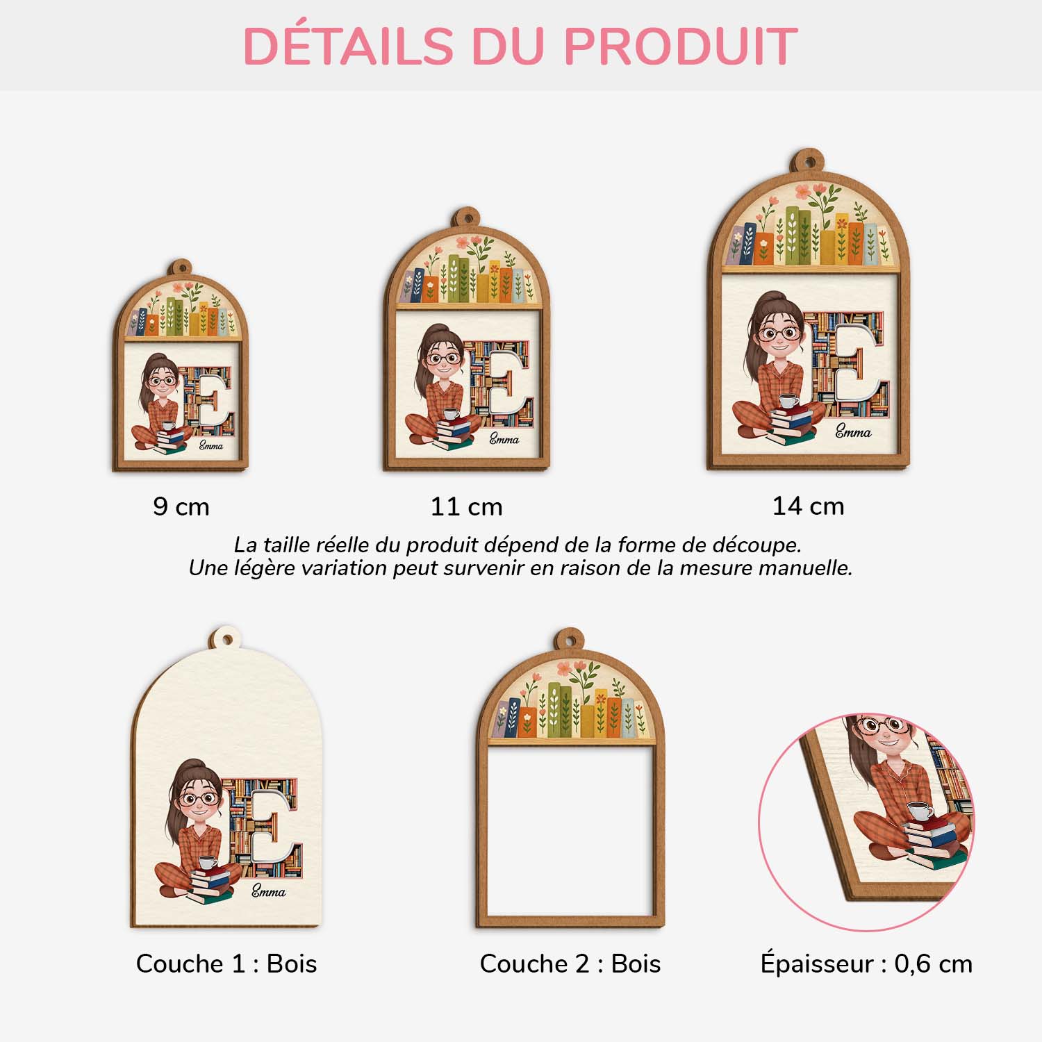Ornement En Bois À 2 Couches Personnalisé Pour Femme Et Homme - Mes Livres Avec Initiale Du Prénom - Image 3