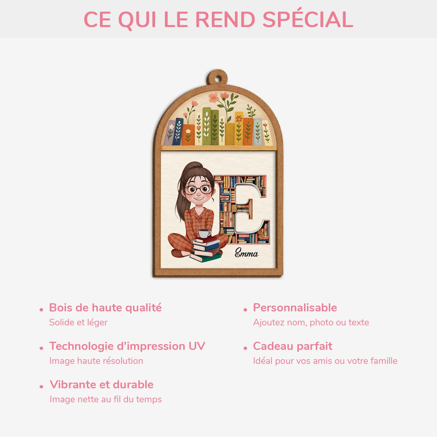 Ornement En Bois À 2 Couches Personnalisé Pour Femme Et Homme - Mes Livres Avec Initiale Du Prénom - Image 4
