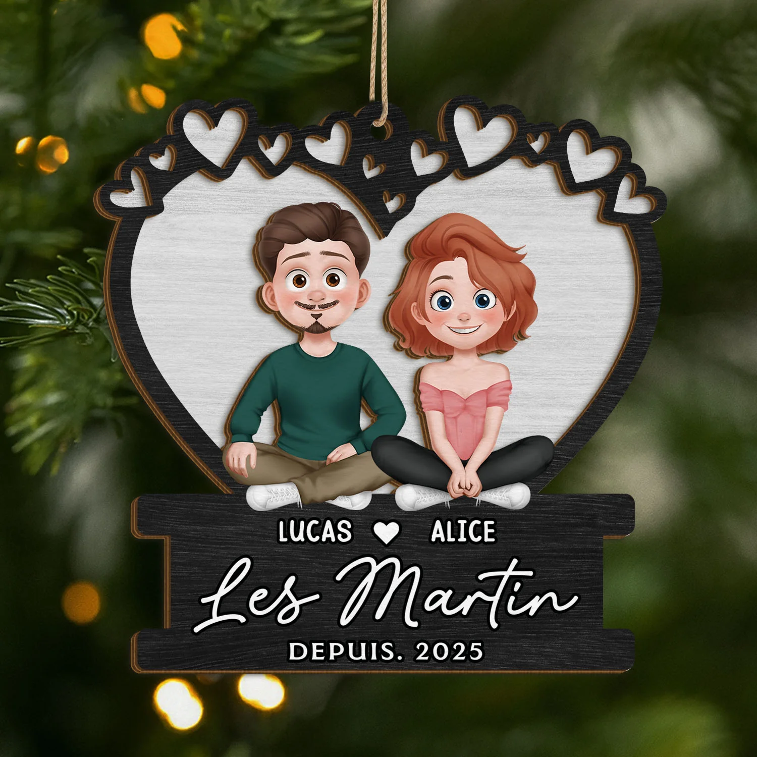 Ornement En Bois À Deux Couche Personnalisé - Cadeau De Noël Pour Couple
