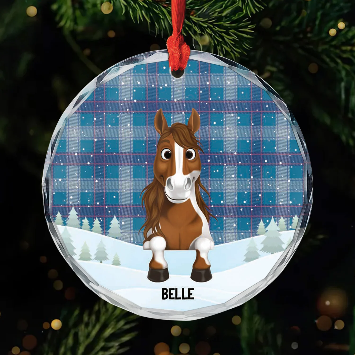 Ornement En Verre Noël À Carreaux Personnalisé Cheval