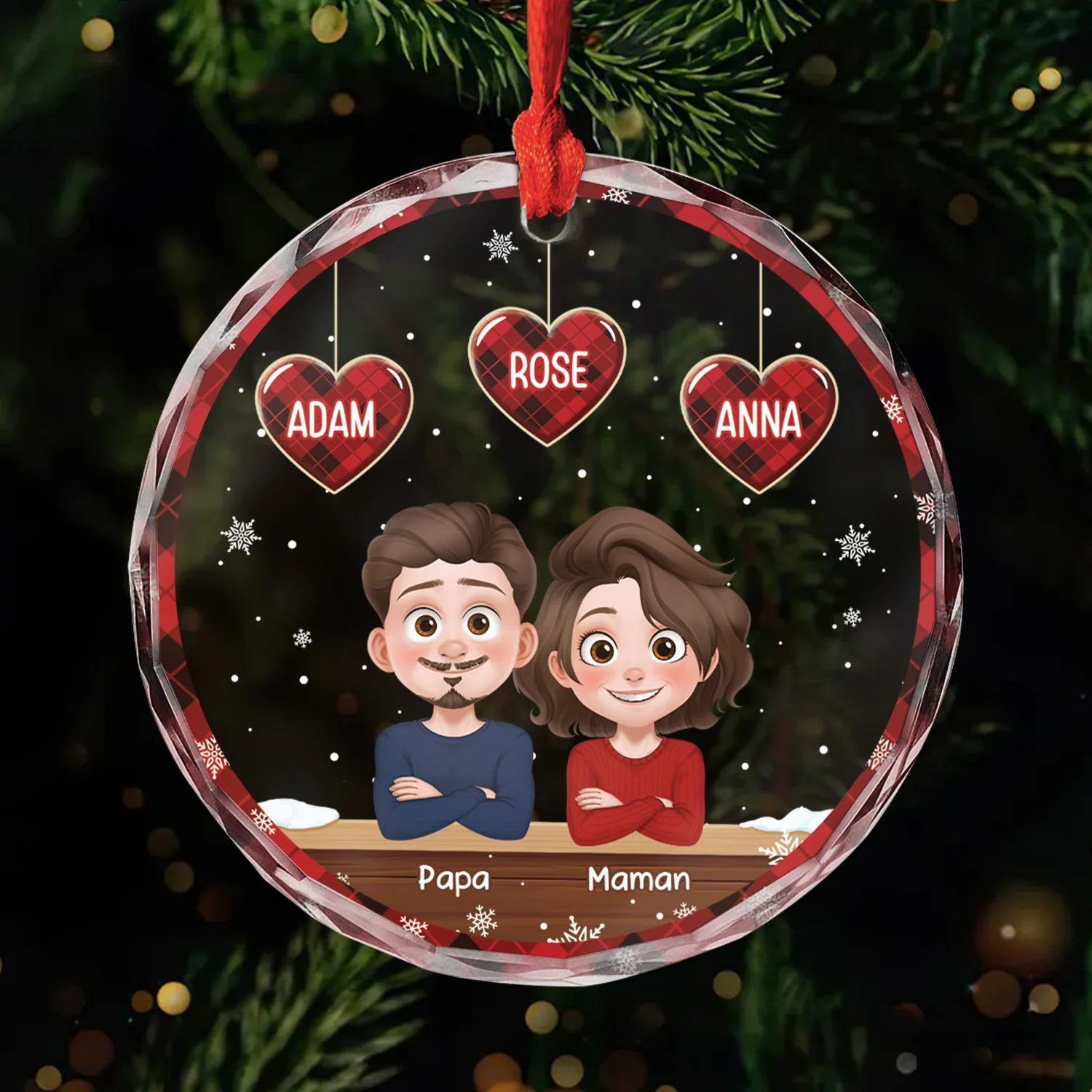 Ornement En Verre Noël Famille Avec Cœur Personnalisé