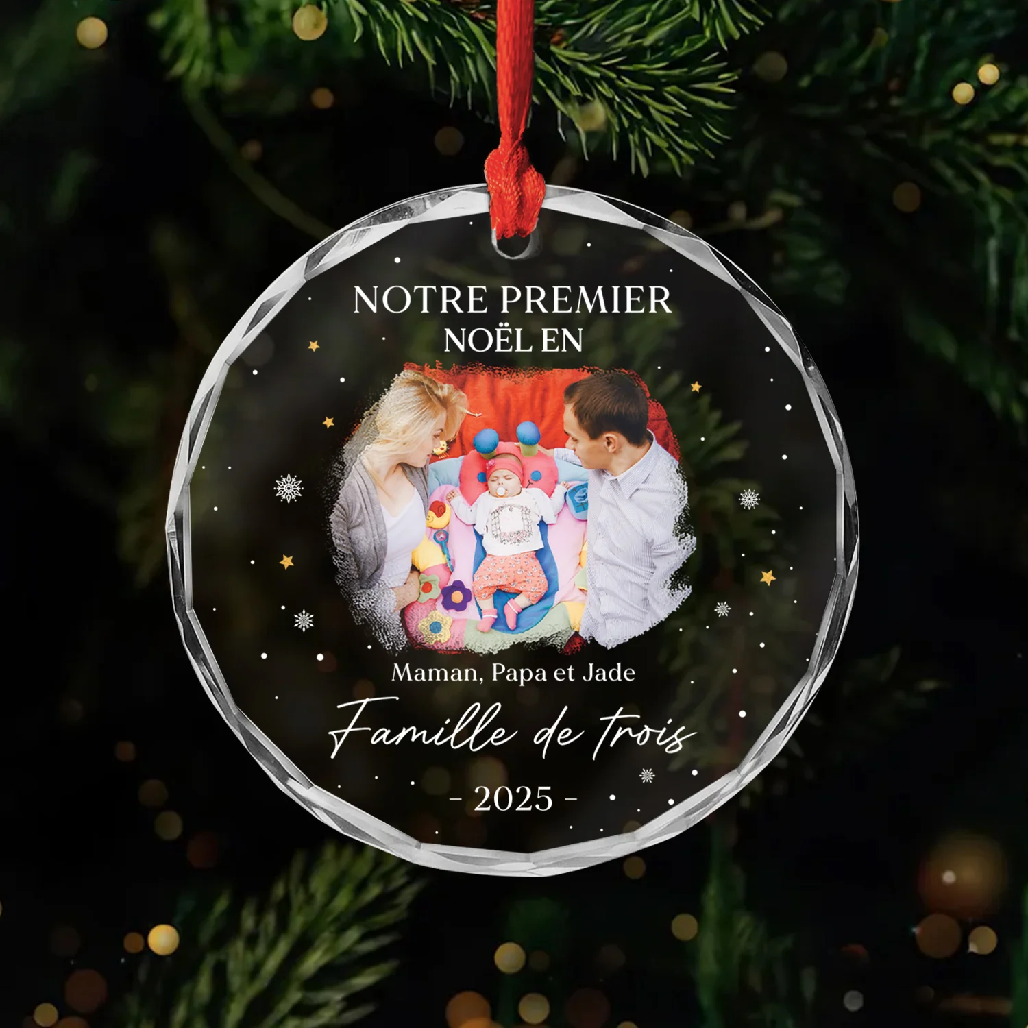 Ornement En Verre Personnalisé Avec Photo - Notre Premier Noël En Famille De Trois